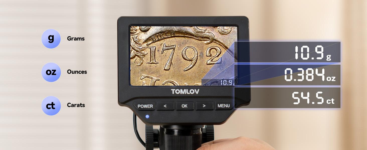 TOMLOV DM4W Microscope with Weighing Scale: 4.3" Digital Coin Microscope with Screen, Error Coin Magnifier with Lights, Weight Scale for Collectors, Jeweler, Students, Compatible with Windows/Mac TOMLOV DM4W Microscope with Weighing Scale: 4.3" Digital Coin Microscope with Screen, Error Coin Magnifier with Lights, Weight Scale for Collectors, Jeweler, Students, Compatible with Windows/Mac