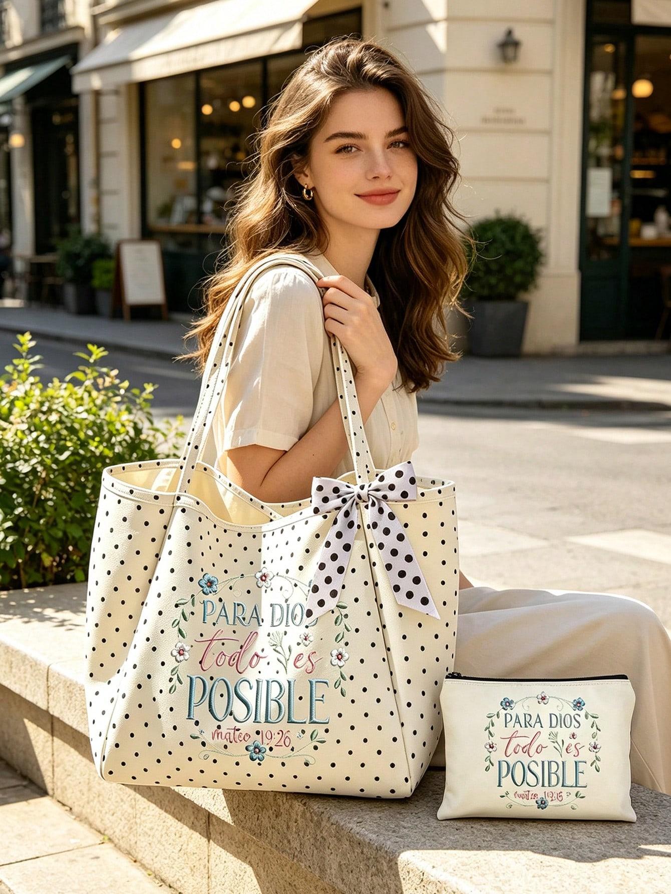 All For God Floral Polka Dot Tote Bag Set, White Dot Bow Faith Bible Shoulder Bag with Embroidered Wreath Makeup Pouch, Spanish Scripture Handbag for Church Travel Gift