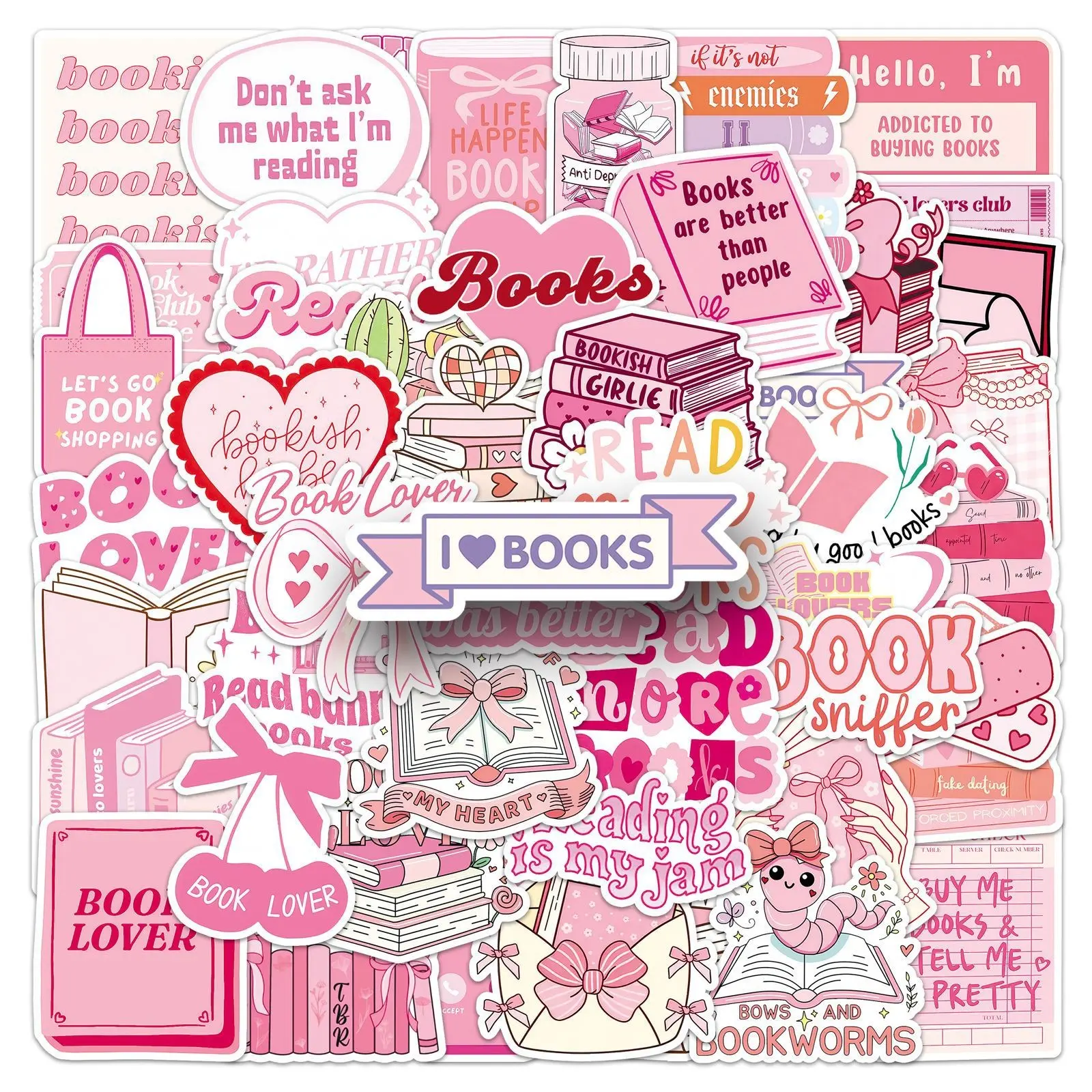 50Pcs Bookish Reading Stickers, Waterproof Cartoon Stickers for Notebook Decoration, Romantic Girl Heart Design, Aesthetic Stickers