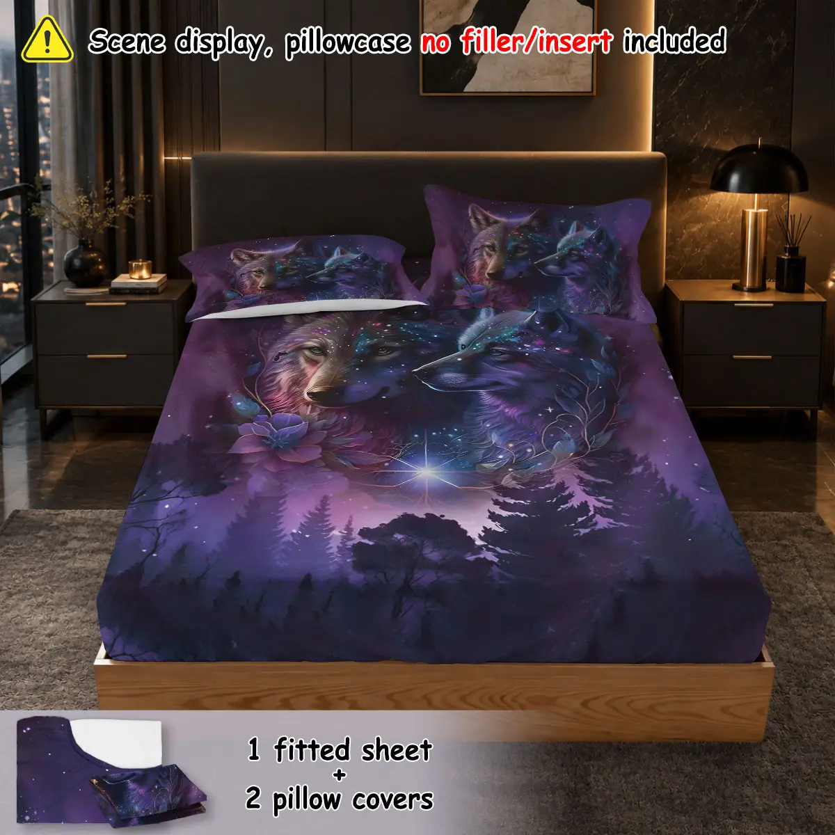 (1 fitted sheet + 2 pillowcases, no filler)Dreamy Night Wolf Couple,Safe harmless fitted sheet 3-piece set with soft skin-friendly texture, machine washable duvet cover set for dorm and bedroom, usable all year round