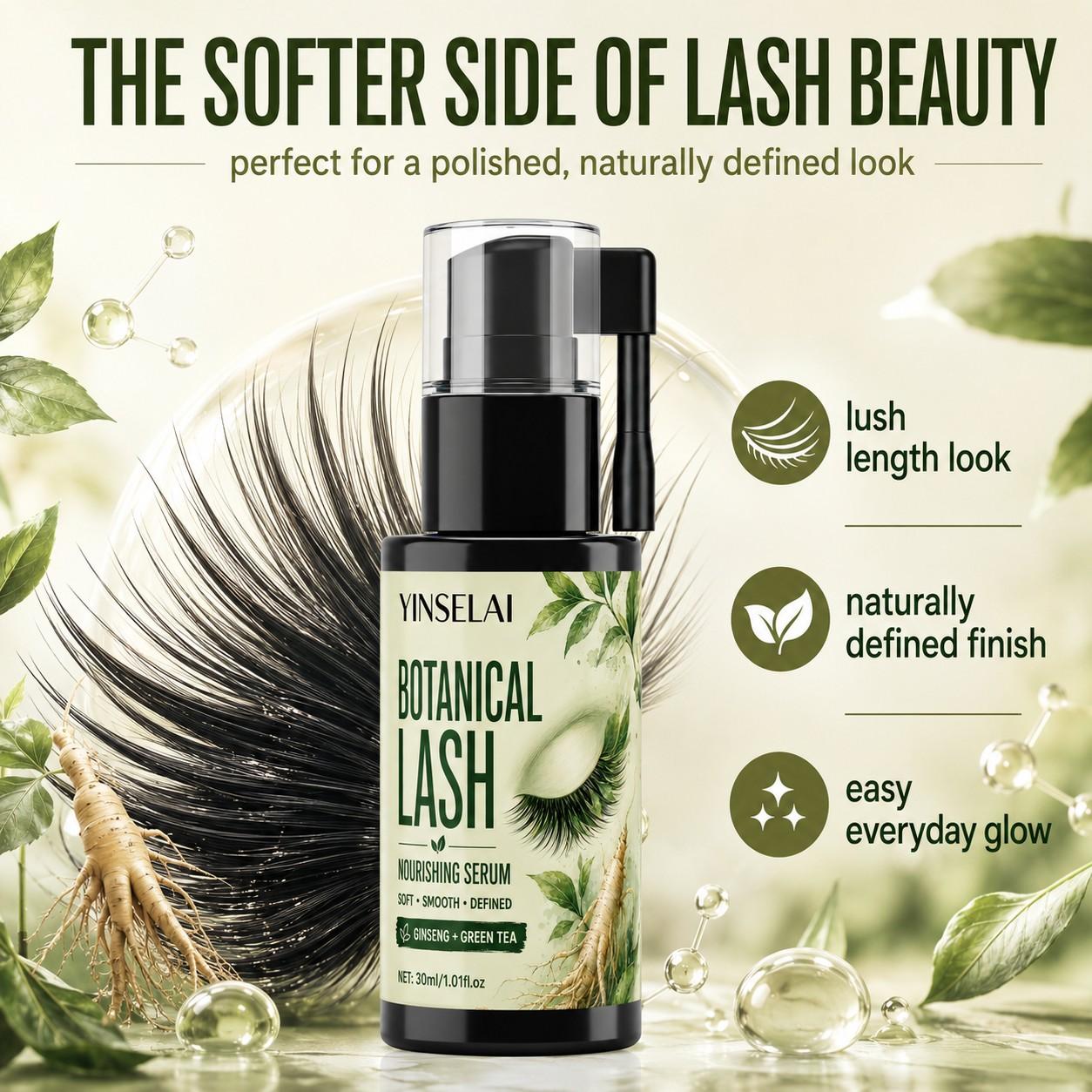 Plant-Based Lash Care Solution, Ginseng Tea Lash Thickening Serum, Nourishes Weak Lashes, Natural Long and Bright Lashes, Longer Looking Lashes, Daily Use