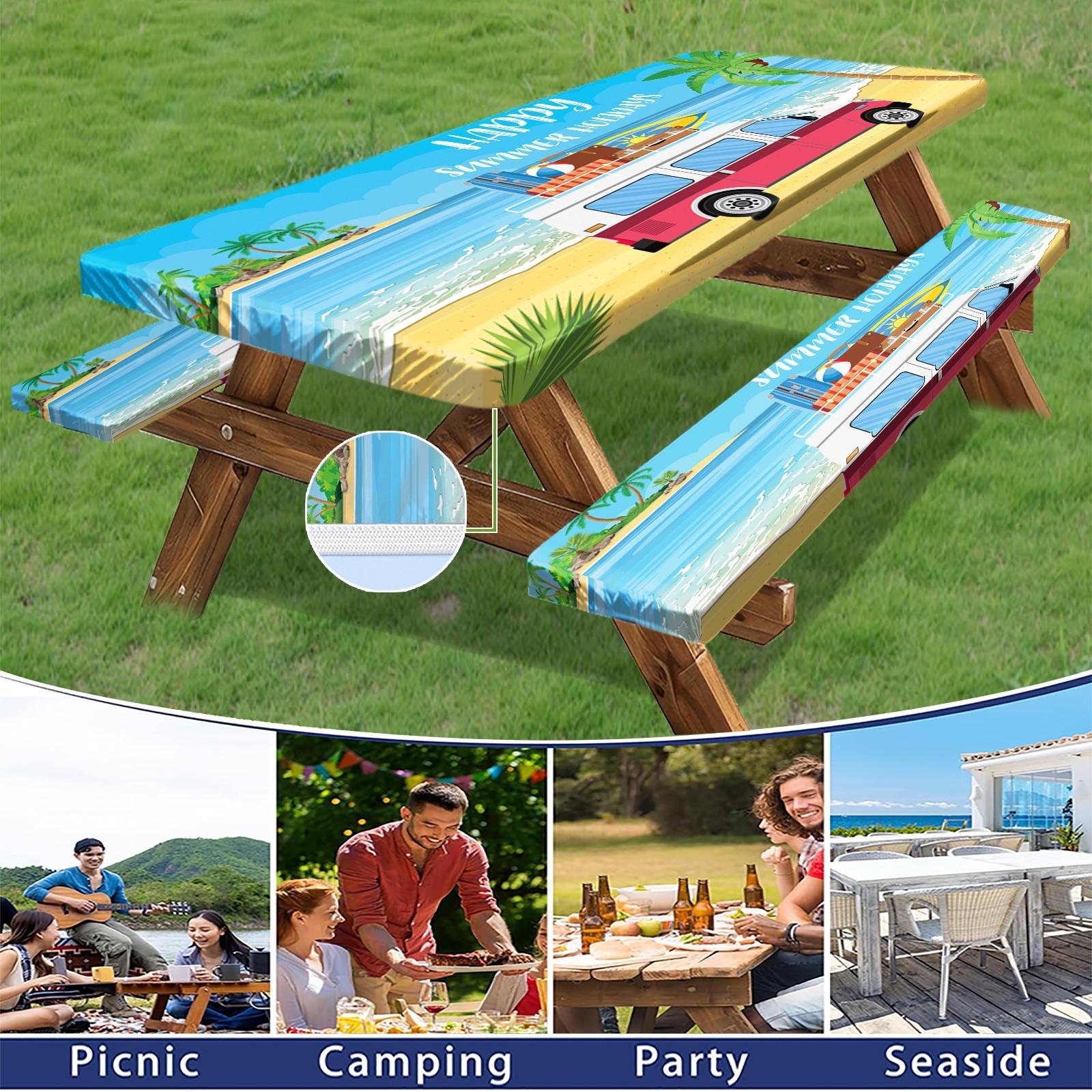 3pc Party Camping Yard Tablecloth Set, Beach RV Vacation Scene, Elastic Stretch Cover, Windproof Rectangular Tablecloth, Outdoor Picnic BBQ