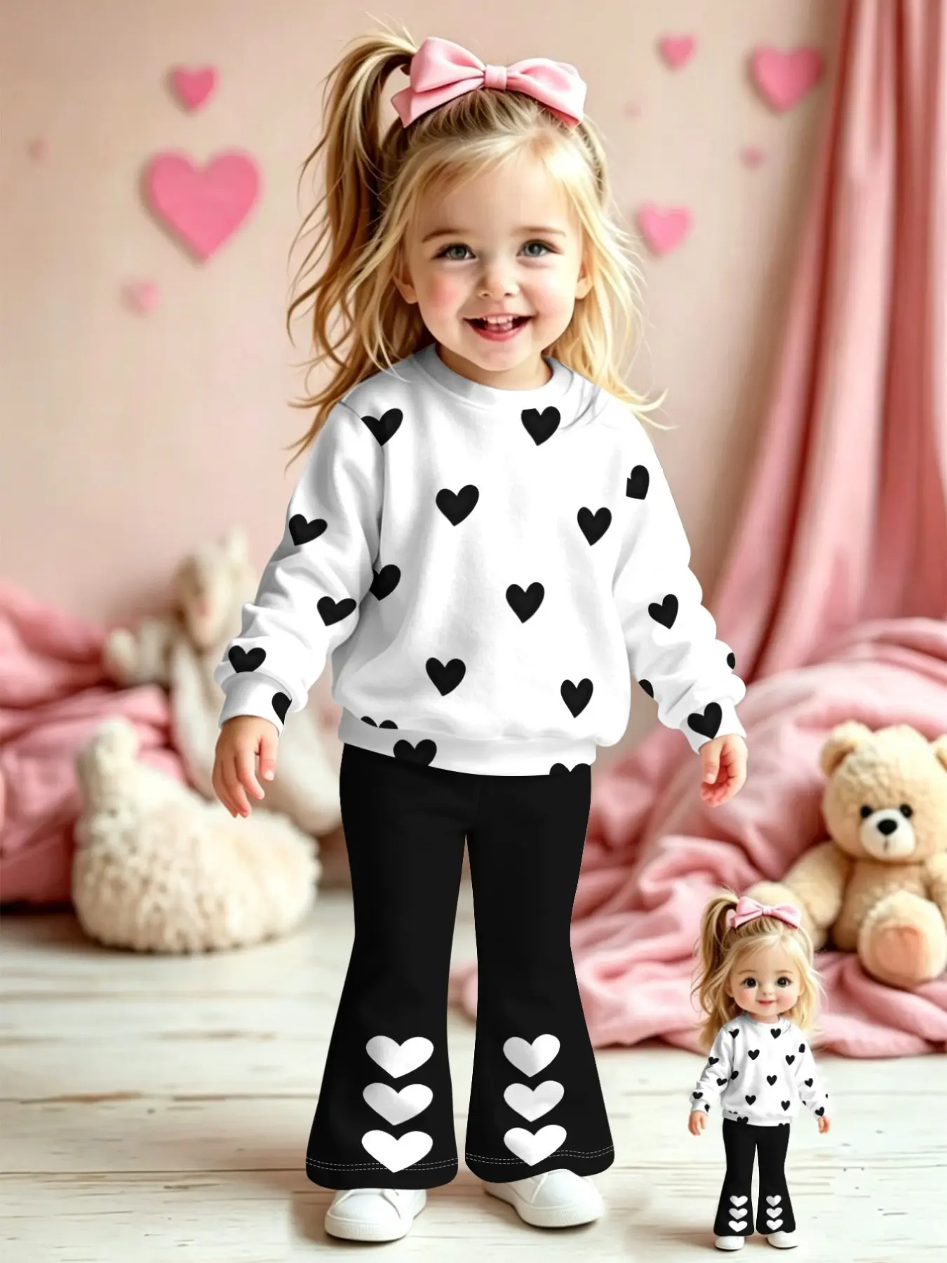 Girls' Trendy Heart Print Set, Round Neck Sweatshirt and Bell Bottoms, Casual Loose-Fit for All Seasons, Fashionable Daily Wear