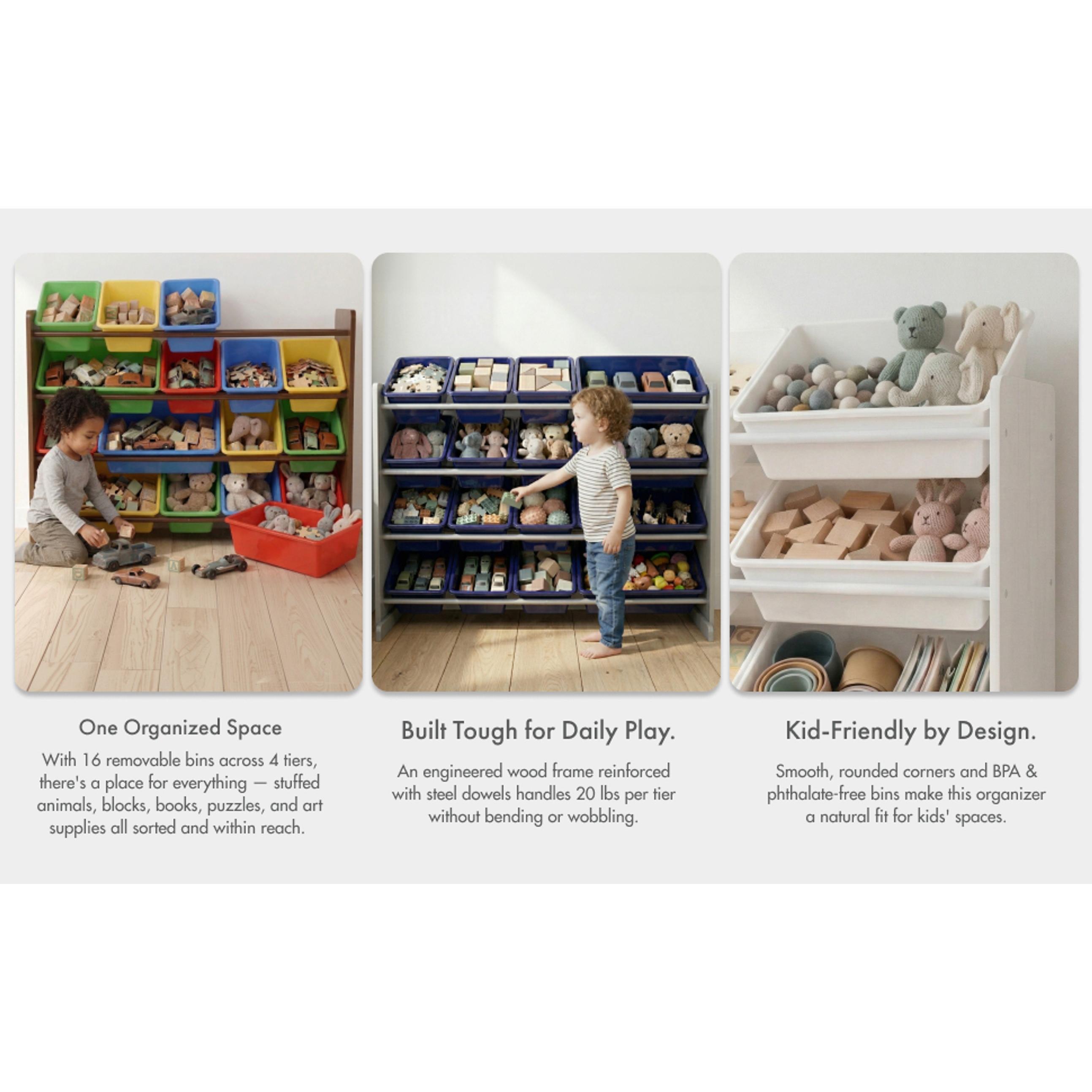 Toy Storage Organizer with 16 Removable Storage Bins for Kids Playroom, 4-Tier Toddler Toy Organization and Storage, Walnut/Primary Toy Storage Organizer with 16 Removable Storage Bins for Kids Playroom, 4-Tier Toddler Toy Organization and Storage, Walnut/Primary