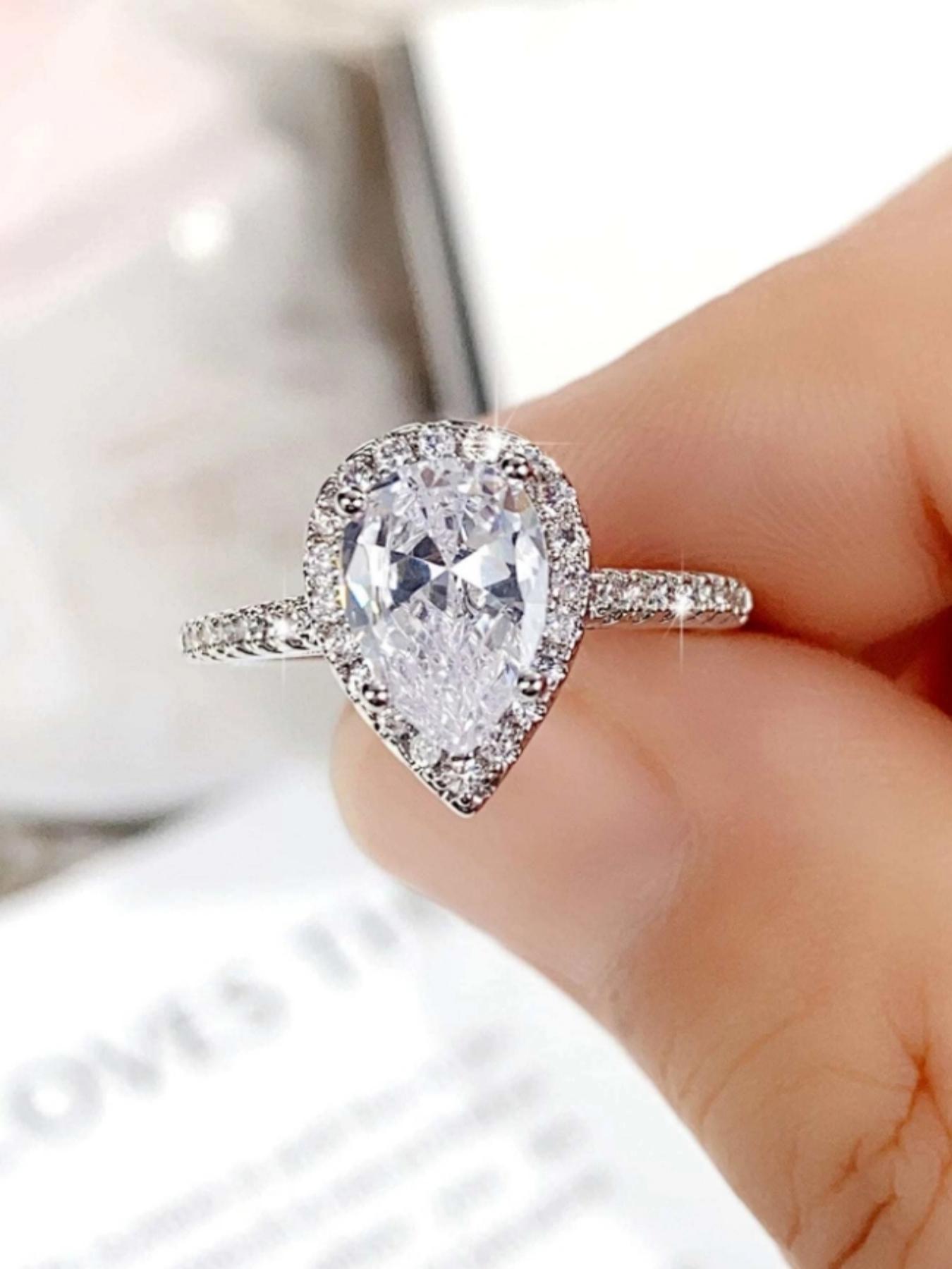 S925 Sterling Silver Water Drop Shaped Artificial Zircon Decorated Ring, Luxury Engagement Ring for Women, Trendy All-match & Exquisite Jewelry for Birthday Gift