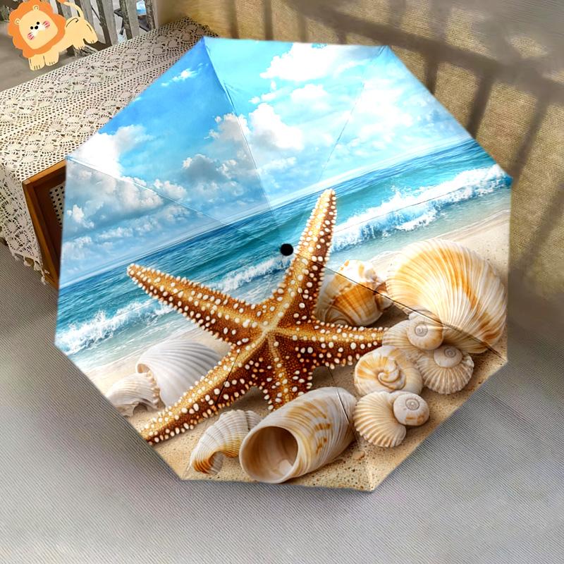 1 PC Automatic Folding Umbrella - Beach Starfish Shells Ocean Waves Pattern, Portable & Foldable Design with 8 Ribs, Merry Christmas Pattern,Casual Outdoor Accessory Halloween and Christmas Birthday Gifts. G00125