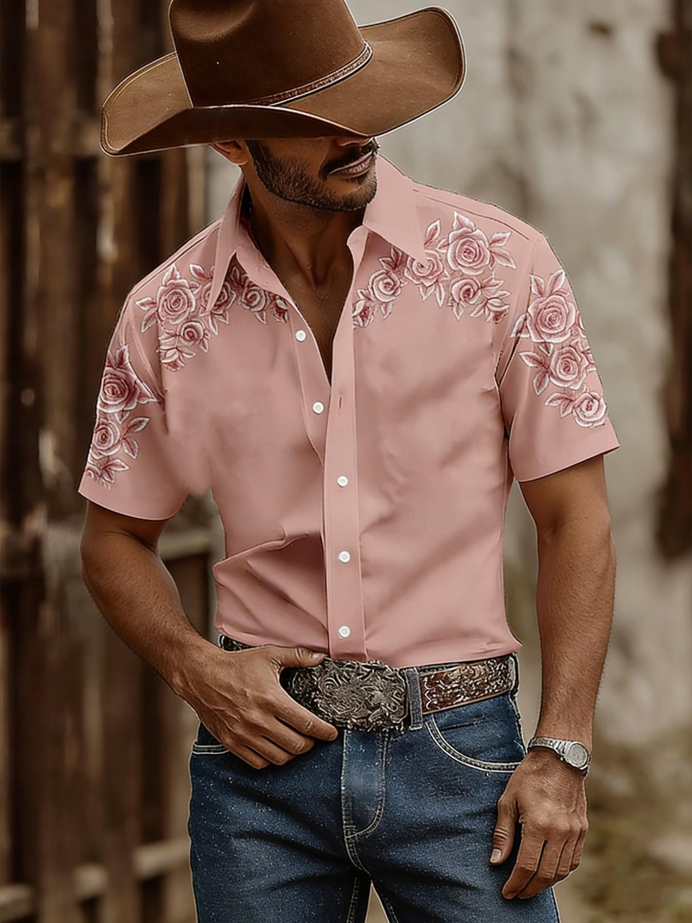 Men's Western Cowboy Style Rose Print Short Sleeve Shirt, Summer Casual Versatile Top, American Vintage Fashion