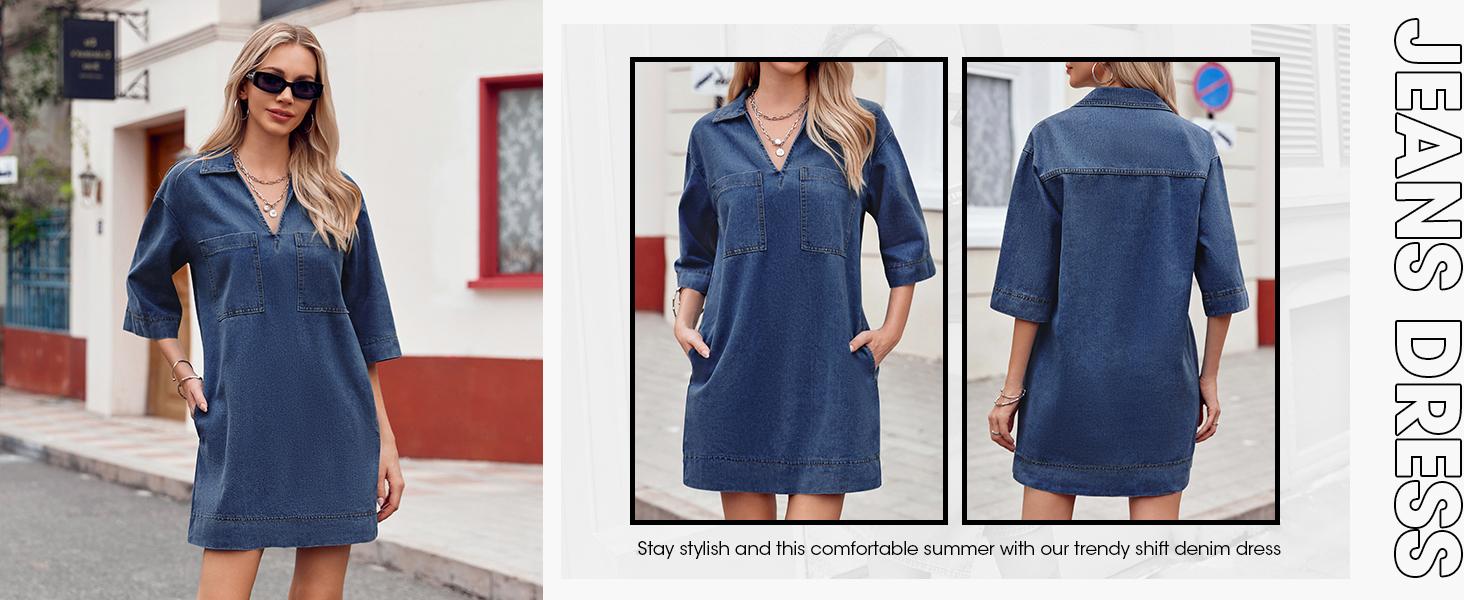 FMEYOA Womens Denim Shirt Dress Long Sleeve V Neck Loose Casual Jean Mini Dress with Pockets