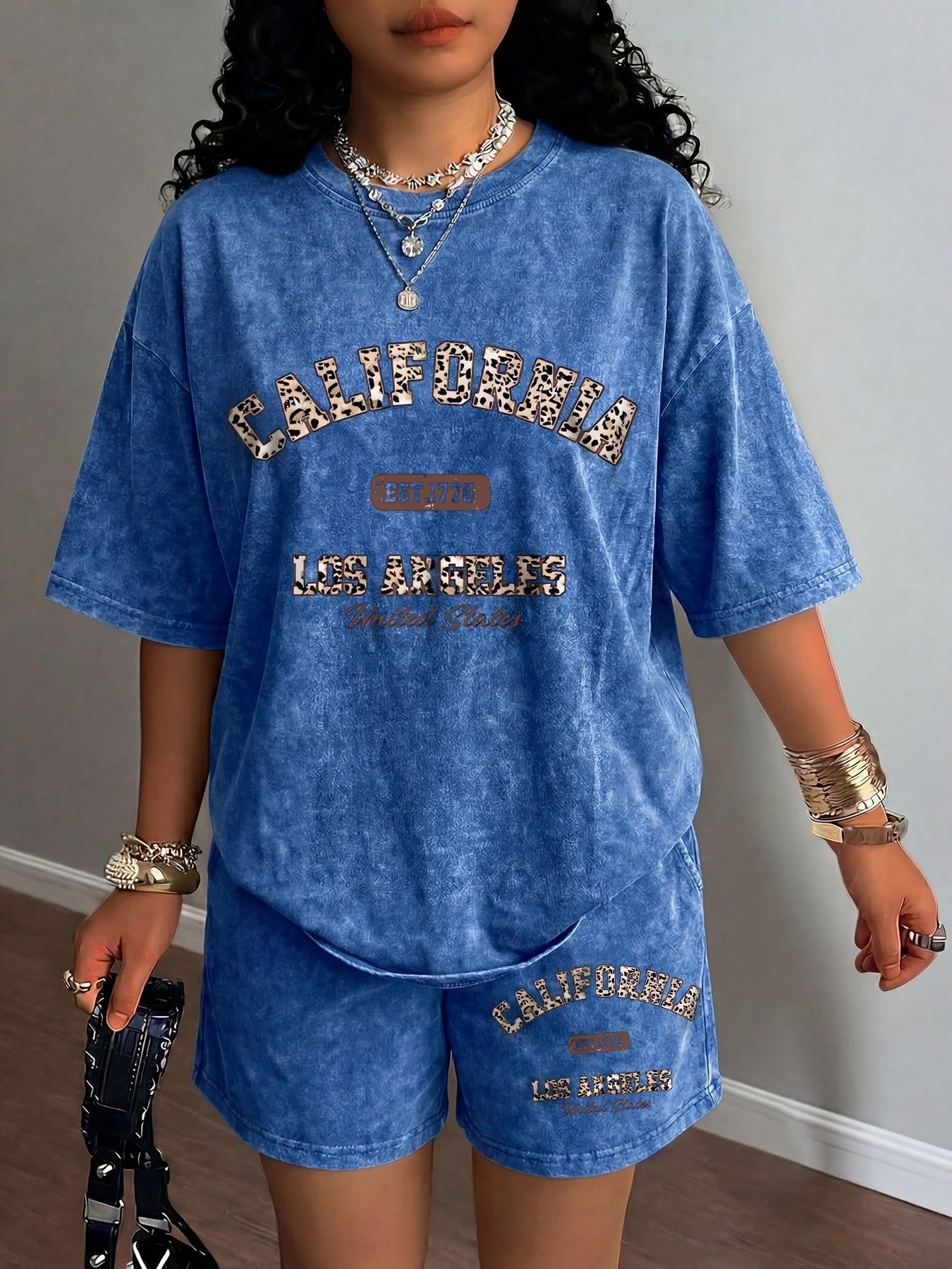 2-Piece Leopard Print Letter CALIFORNIA Washed Distressed Short-Sleeve Round Neck Top and Shorts Set Outfit - American Retro Vintage Chic Style, Available in Multiple Colors, Loose and Casual, Perfect for Lazy Night Out or Outings