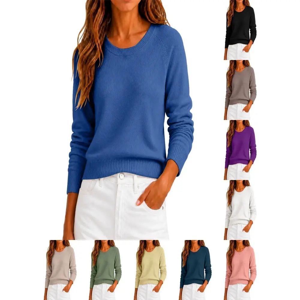 Long Sleeve Solid Knit Pullover, Women Crew Neck Loose Casual Fall Winter Basic Sweater Top