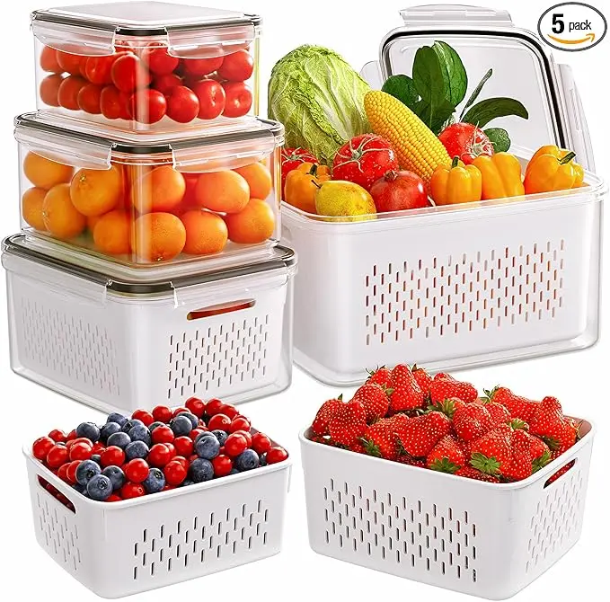 Fridge Organizers and Storage - Stackable Fruit Storage Containers for Fridge with Removable Colander, BPA-Free Food Storage Container for Salad Berry Lettuce Vegetables Meat Keeper Fresh