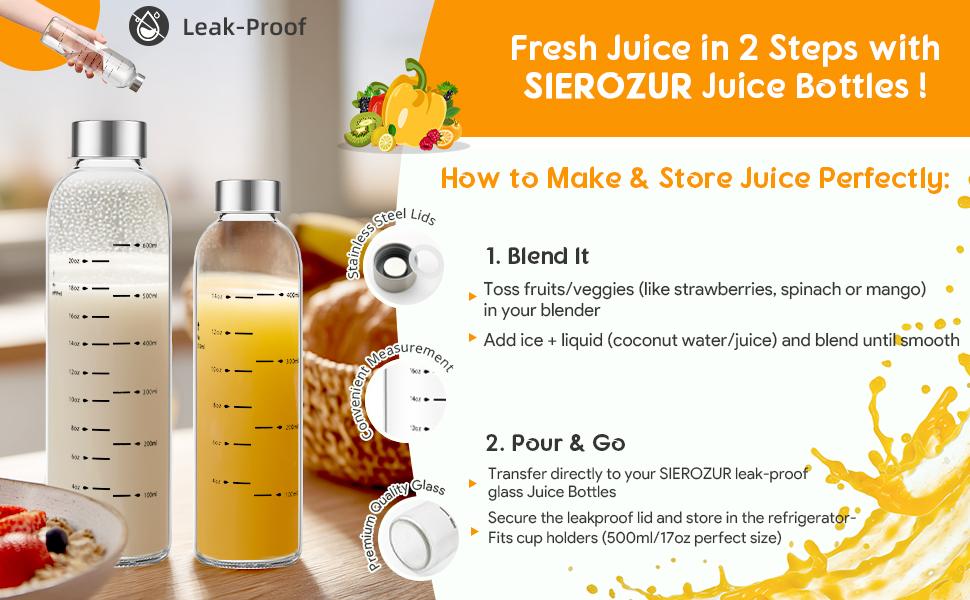 【WINSA】 Reusable Glass Juice Bottles 17oz 25oz 4Pack 6Pack Clear Water Bottle with Stainless Steel Cap 100% Leak Proof BPA Free Drinkware Washable Tumbler for Refrigerator Bottled