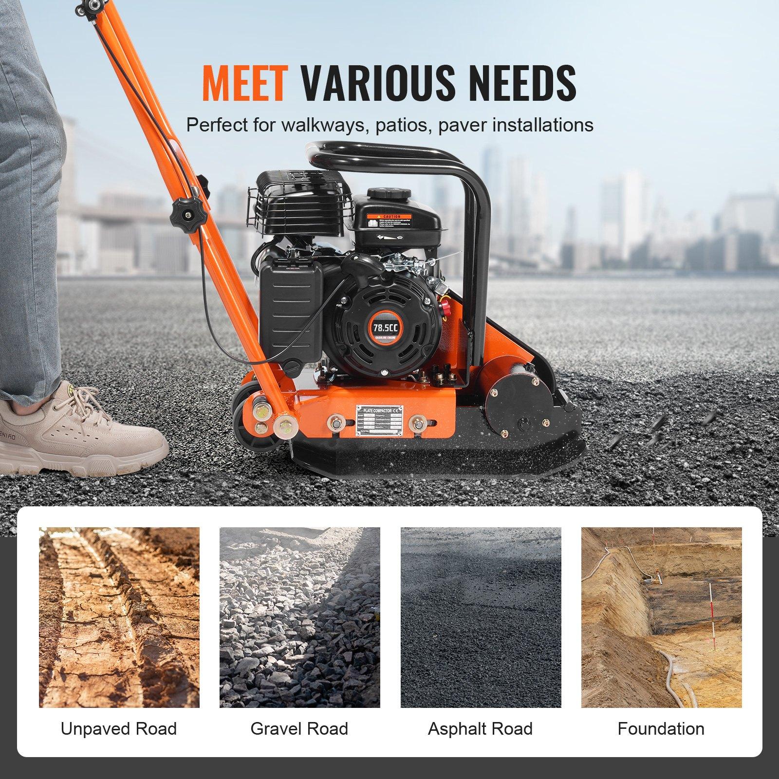 VEVOR Plate Compactor, 2.8 HP 98CC Gas Engine 5, 250 RPM, 1, 920 lbs Force Vibratory Compaction Tamper with 18.7x 11.8 inch Plate for Walkways, Patios, Asphalts, Paver Landscaping, EPA Compliant