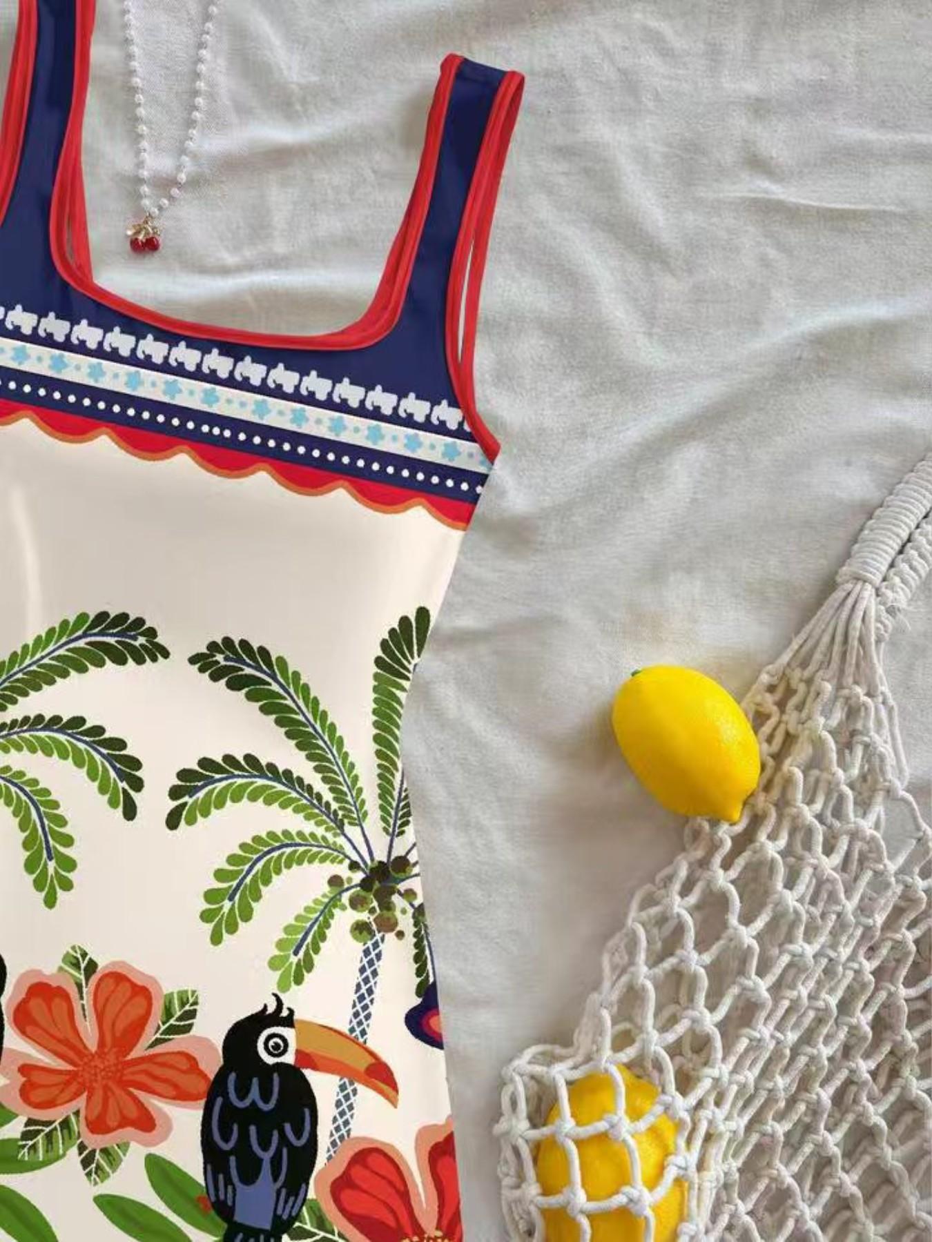 Summer Mini Dress for Women, Tropical Bird Palm Print, Geometric Floral Border, Contrast U-Neck Backless, Casual Vacation Style