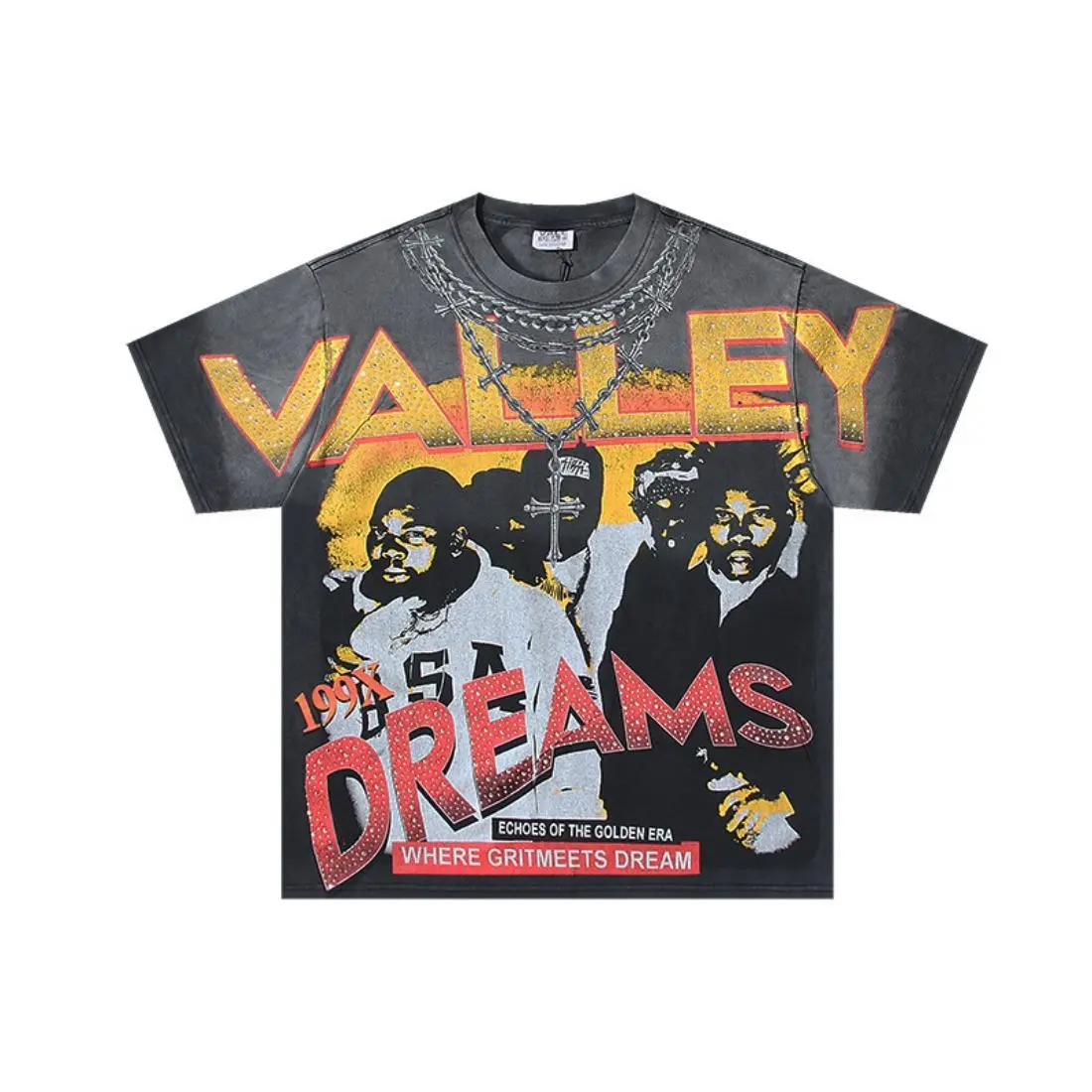 Men’s Vintage Distressed Loose Cotton Graphic Tee, Crew Neck Short Sleeve T-Shirt with Rhinestone Heat Transfer Portrait & Letter Print, Breathable Retro American High Street Casual Streetwear Sports Top| graphic tees| oversized t shirt  tiktok shop deals