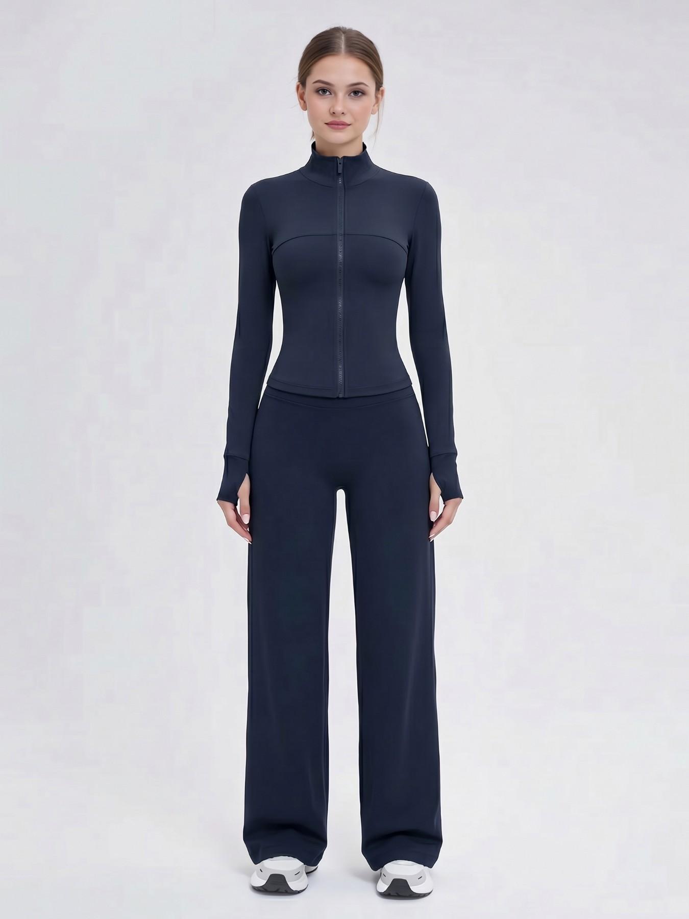 Nude Sensory Solid Color Shaping Stand Collar Zipper Yoga Set, High Elastic Activewear, High Waist Wide Leg Pants, Quick Dry Sporty Two-Piece, Gym Workout Sportswear