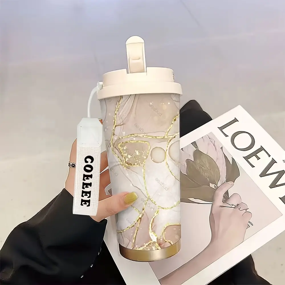 18oz Insulated Stainless Steel Tumbler, Elegant Gold White Marble Print Car Coffee Cup, Hot Cold Water Bottle for Outdoor, Gift for Fashion Lovers for Birthday Valentine Father Mother Teacher’s Day Graduation