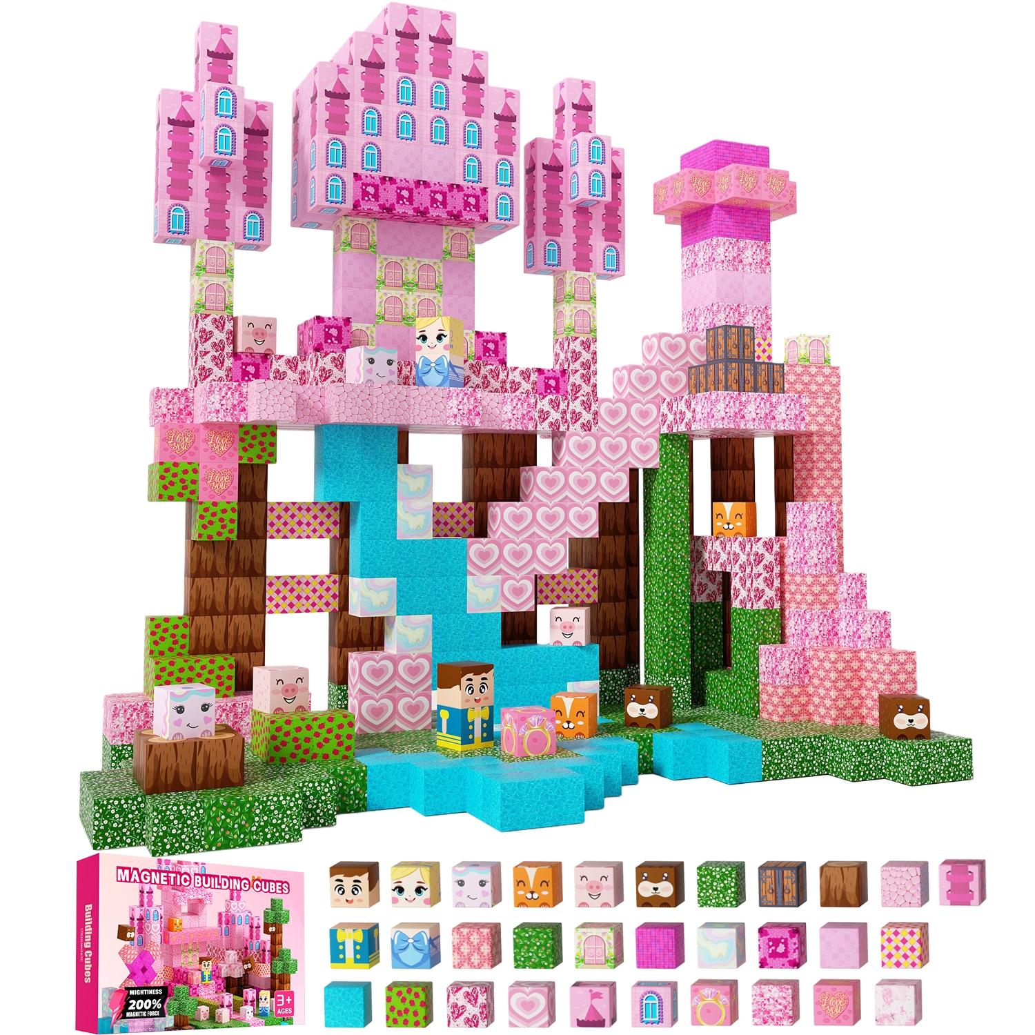 Magnetic Blocks 100/150/200 PCS - Large Magnetic Building Blocks for Kids Ages 3-8, Pink Princess Castle Magnetic Tiles Set, STEM Montessori Sensory Toys, Magnetic Cubes for Spatial Thinking, Creative Educational Gift for Boys & Girls