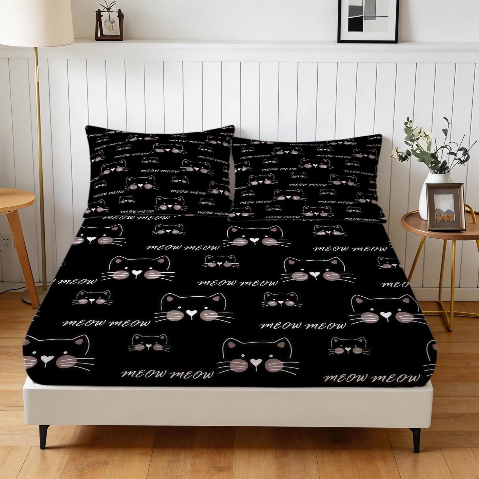 3 Piece Cute Cartoon Cat Fitted Sheet Set, 1 Fitted Sheet + 2 Pillowcases, Soft Skin-Friendly Kawaii Cat Meow Print Bedding, Ideal Gift for Cat Lovers Women Girls Teens Kids