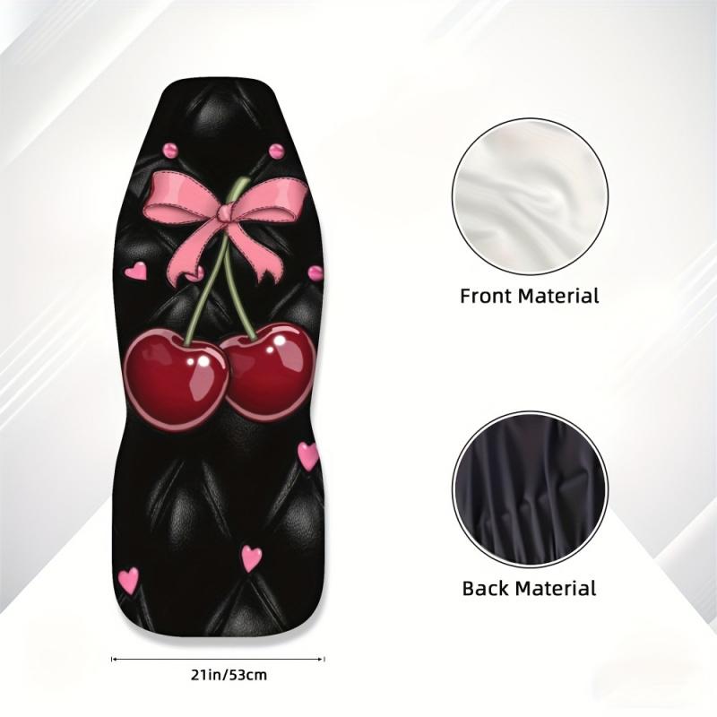 Two-piece cherry design, pink bow on a black background for the front seat cover. Perfect for individual front car seats. It is a practical gift suggestion for vehicle operators and owners.