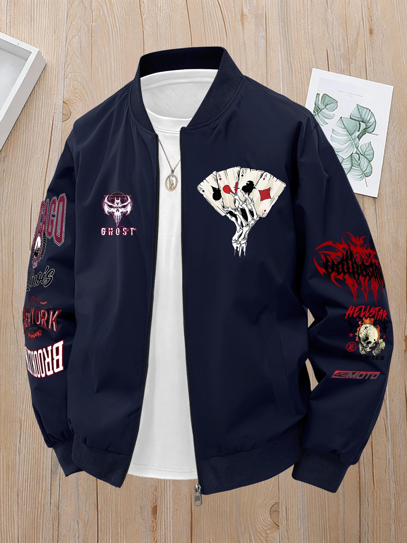 Ghost Face Logo City Landmark Letter Patch Street Style Fashion Streetwear Baseball Jacket Full Zip Coats, Commuter Top, Long Sleeve Loose Fit Casual Outerwear for All Seasons
