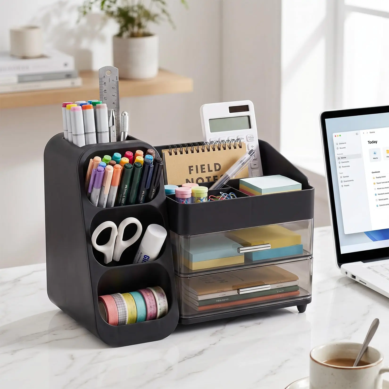 GARVEE ABS PET Desk Organizer with Pen Holder, Multi-Compartment Desktop Storage Caddy Featuring 2 Transparent Drawers in Black for Efficient Workspace Organization