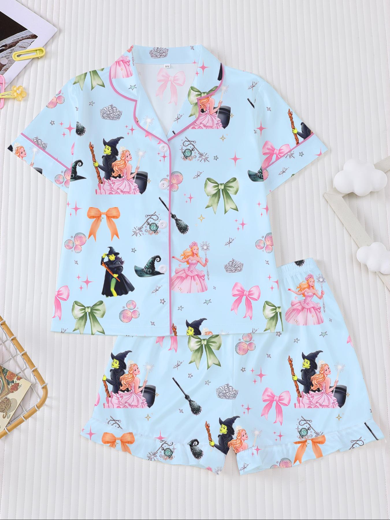 Cartoon Short Sleeve Shorts Pajama Set, New Fire Retardant Button Front Shirt & Loose Elastic Waist Ruffle Pants