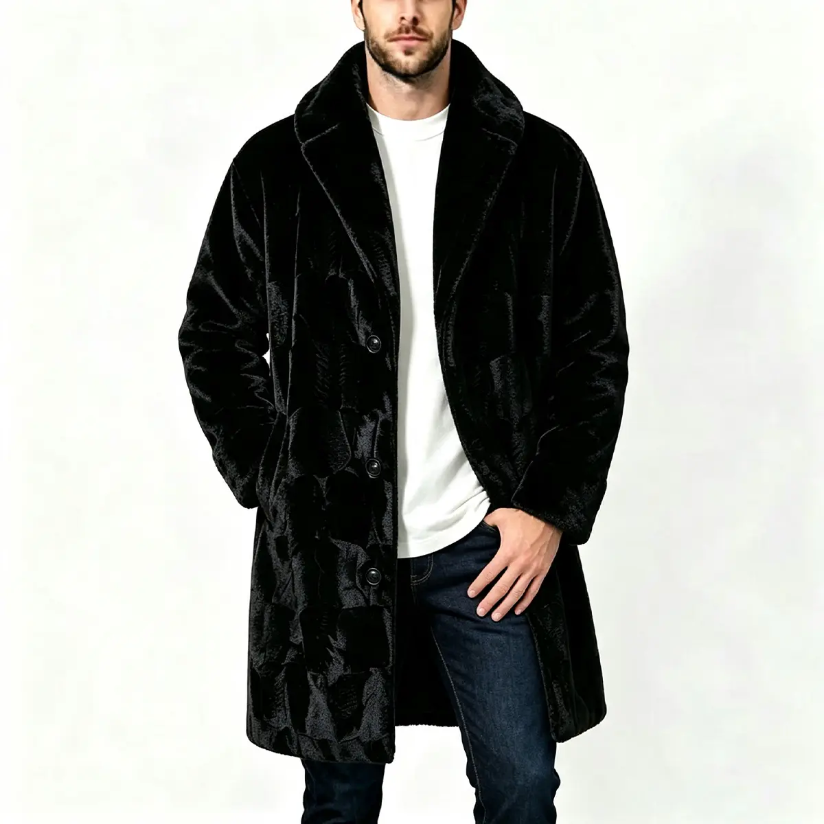 Men's Embossed Faux Fur Loose Long Coat - Button-Front Plush Menswear Jacket, High-Quality Warm Tops with Long Sleeves, Suitable for Daily Casual & Social Occasions, Jackets