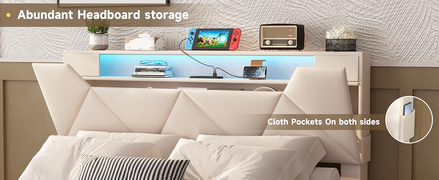 Vabches Bed Frame with Storage Headboard and 4 Drawers,Upholstered Platform with Charging Station and Led Lights,Adjustable Headboard,No Box Spring Needed,Beige Vabches Bed Frame with Storage Headboard and 4 Drawers,Upholstered Platform with Charging Station and Led Lights,Adjustable Headboard,No Box Spring Needed,Beige