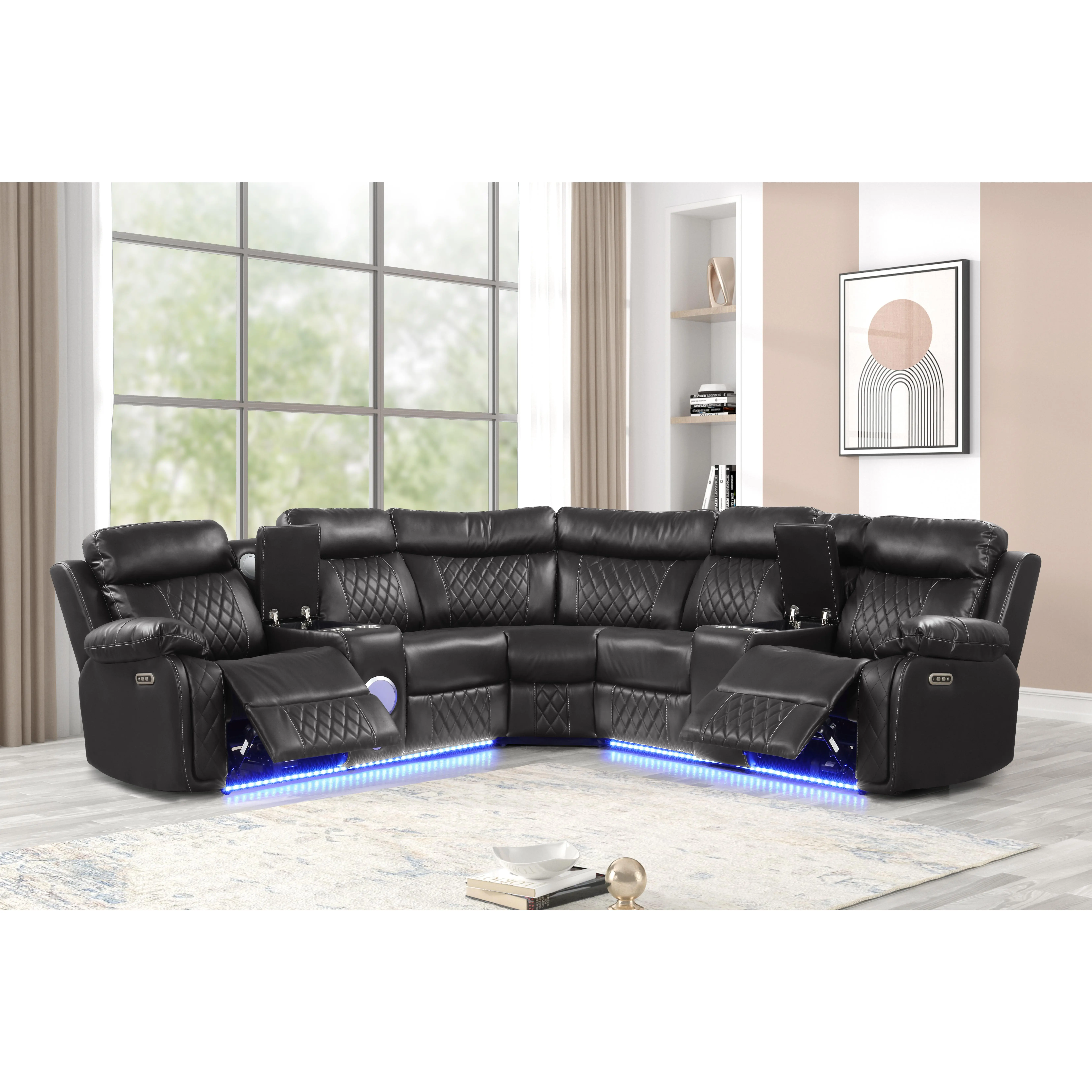 Nokaa Modern 5-Seat L-Shaped Power Recliner Sectional Sofa - Faux Upholstered Gray, Bluetooth Speakers, LED Lights, Console Storage, Cup Holders, Acacia Wood & Metal Frame for Living Room, Bluetooth Speaker, Five Seats