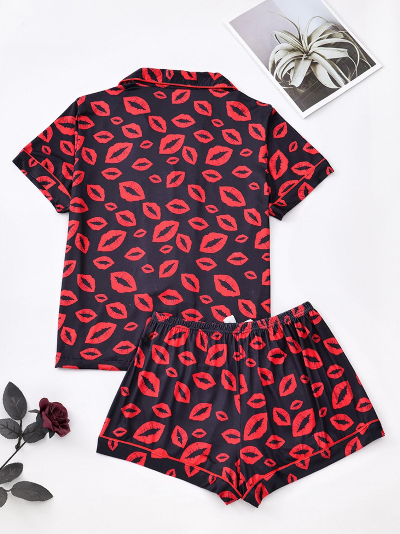 Valentine's Day Bow and Heart Print Pajama Set, Soft Silky Striped Short Sleeve Sleepwear, Women's Comfortable Nightwear