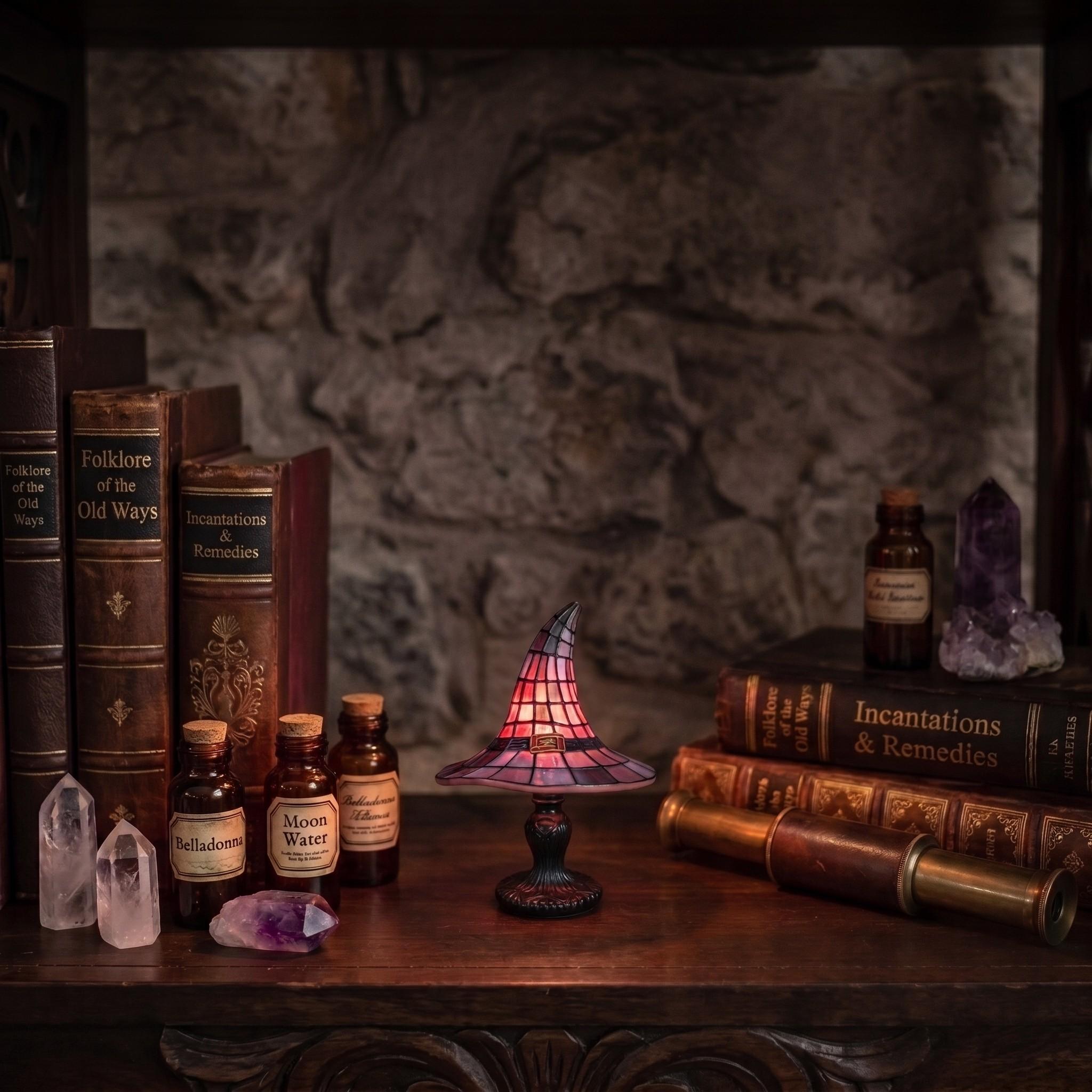 Vintage Stained Glass Witch Hat Lamp, Spooky Glow Nightstand Decor, Gothic Style Gift for Halloween, Unique Home Decoration