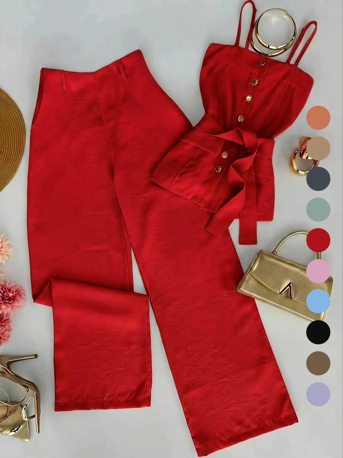 New Women's Solid Color Strappy Top & Long Pants Two-Piece Set, Versatile Casual Wear, Comfortable and Stylish, Perfect for Daily Use