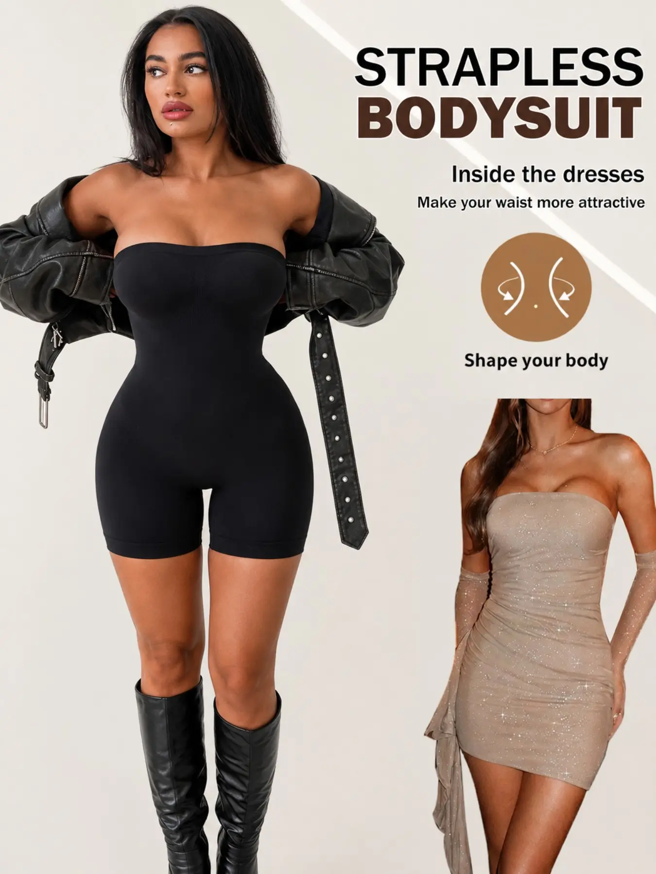 Women’s Strapless Workout Shapewear Romper, Seamless One Piece Athletic Bodysuit with Tummy Control, Stretchy Bodycon Biker Shorts Jumpsuit for Yoga, Gym, Training and Casual Wear
