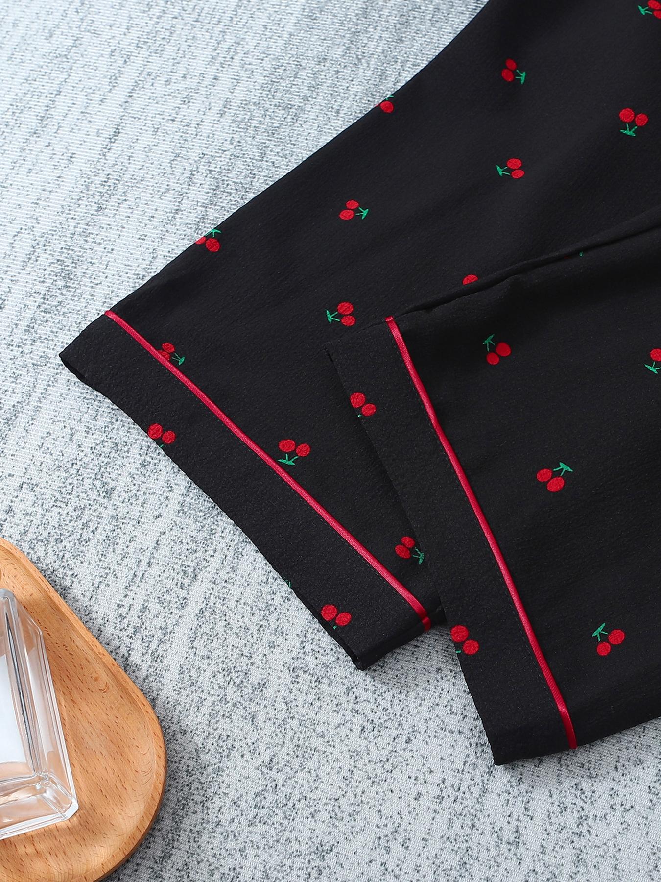 Women's 3-Piece Pajama Set, Cherry Print Button Front Top & Shorts Pants, Comfortable Sleepwear for Ladies, Casual Nightwear