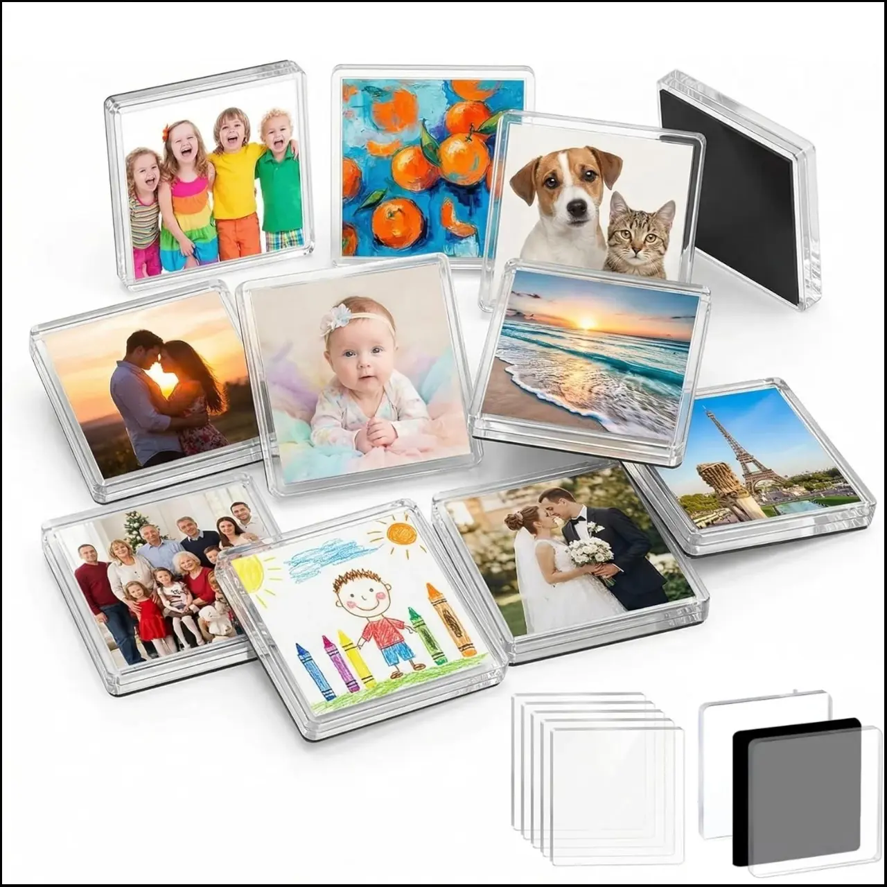 Magnetic Photo Frames 2"x2" Clear Acrylic DIY Fridge Magnets with Adhesive Backing – Square Magnets for Crafts, Kitchen, Classroom, Party & Office Decoration Back to School College Dorm Essentials