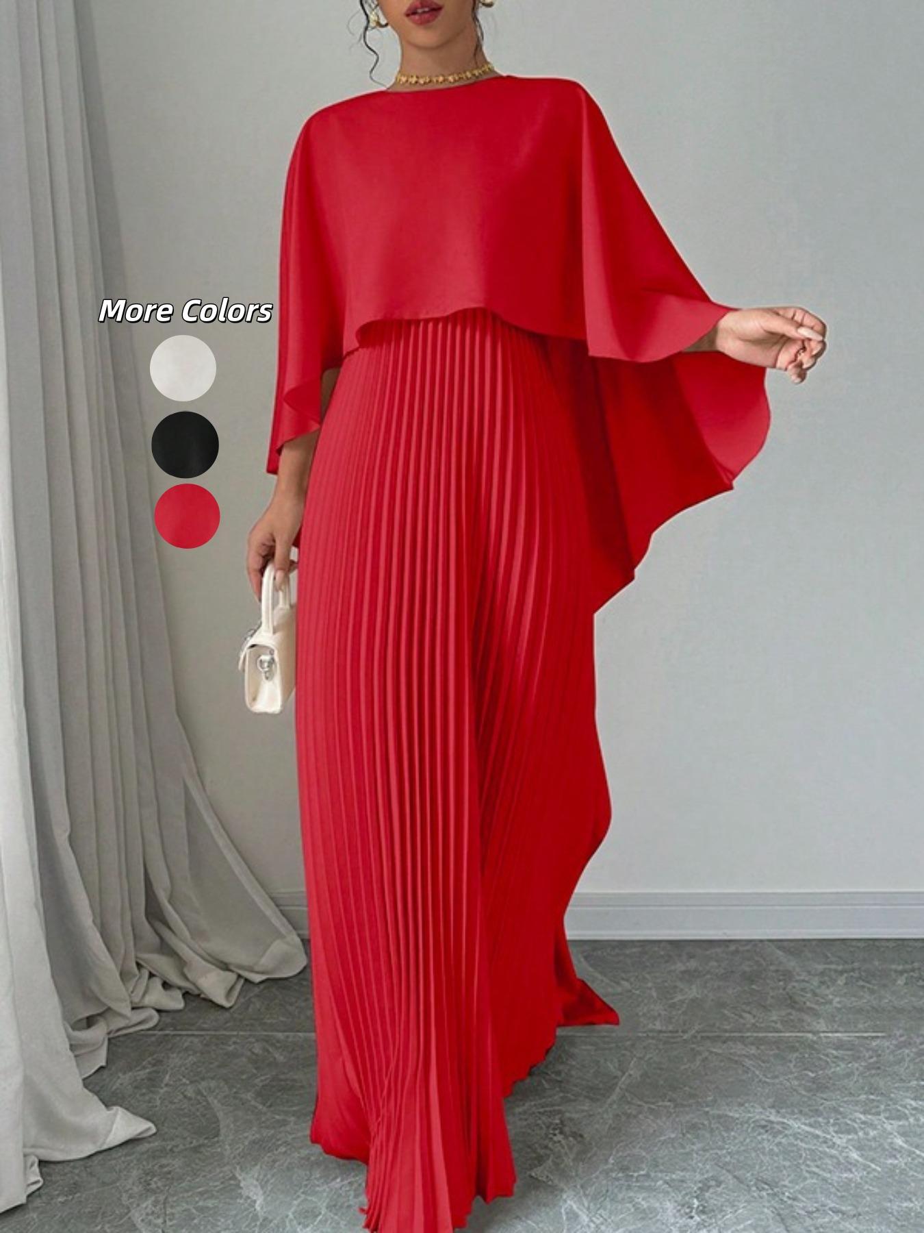 Women's Plain Pleated Cloak Sleeve Maxi Dress, Elegant Round Neck Dress for Party Holiday Wedding Guest, Ladies Spring & Fall Clothes， Valentine's Day Gift for Girl