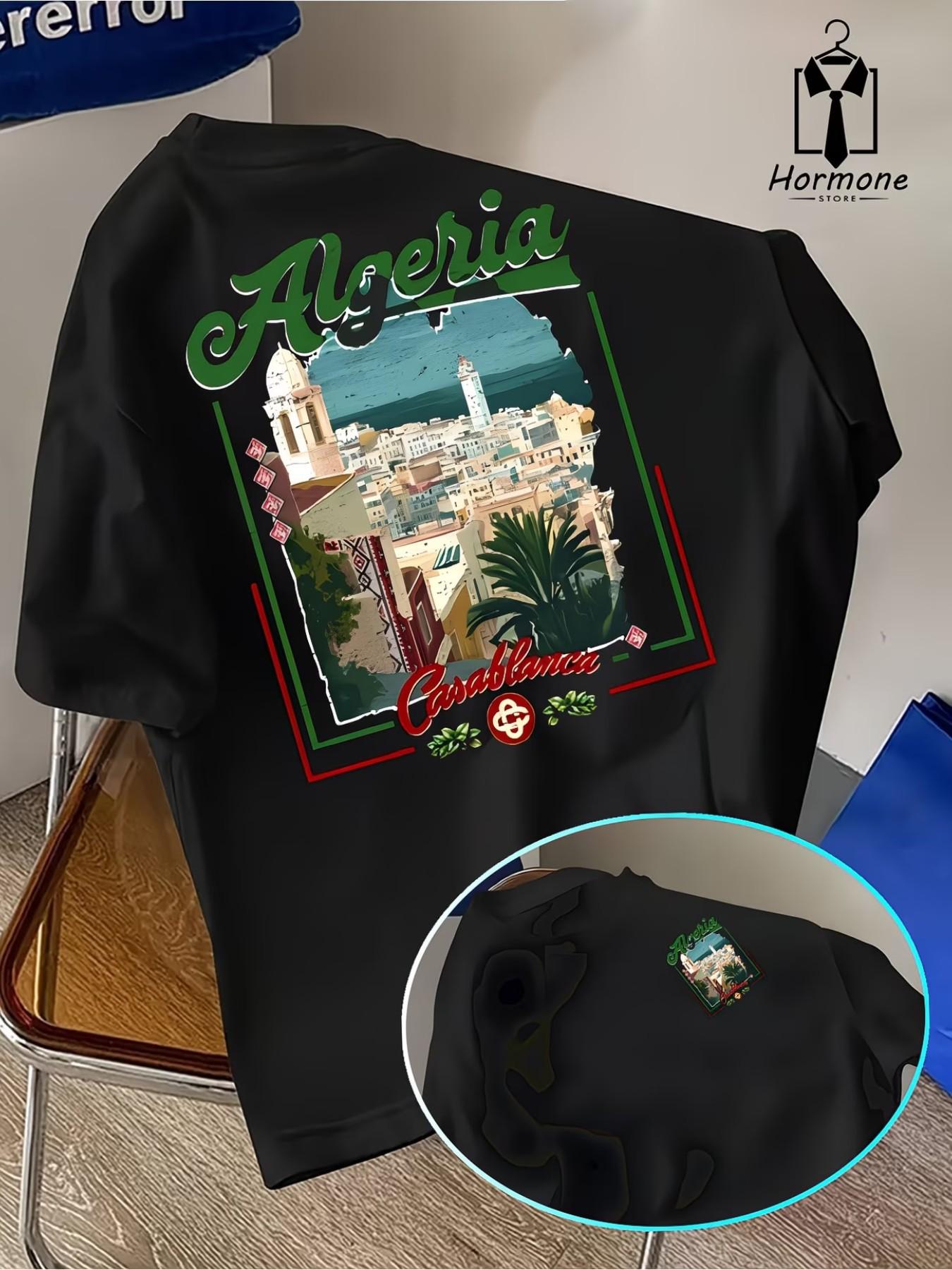 Men's Short Sleeve T-Shirt, Polyester Fabric, Casablanca Cityscape Print, Casual Slim Fit, Fashion Round Neck, Ideal for Spring Summer Outdoor Wear