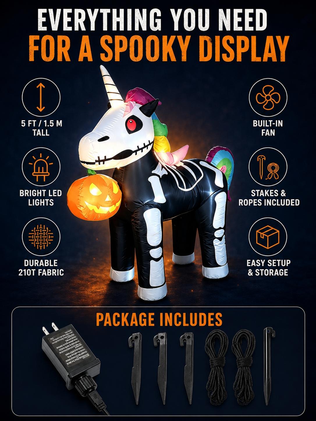 Halloween 1.5m Inflatable Skull Unicorn Pumpkin Light, LED Glowing Courtyard Lawn Outdoor Party Decor, Windproof Easy Install Foldable Storage