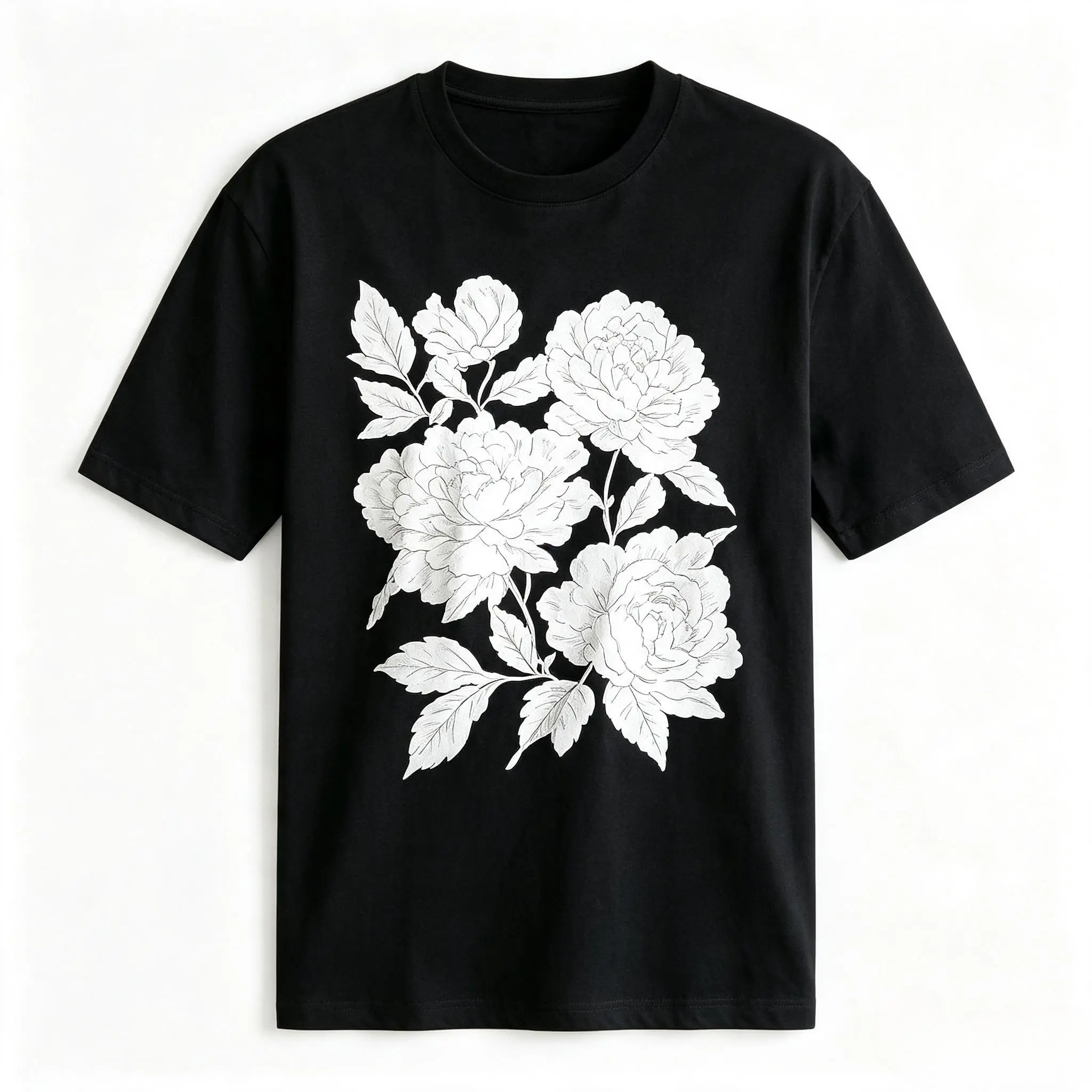 Women's Retro Linocut Peonies & Ranunculus Floral Print Graphic T-Shirt - Breathable Casual Cotton Top