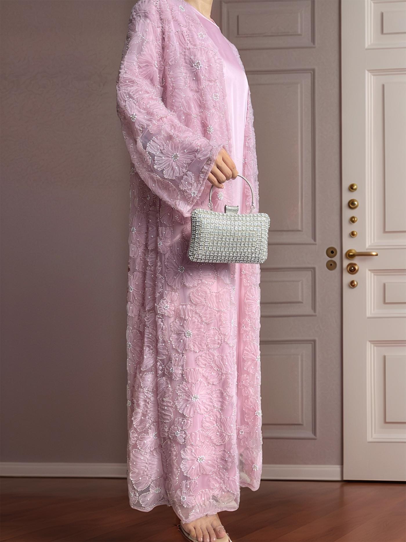 Women's 2-Piece Open Floral Embellished Abaya Floral Beaded Coat Set, Satin Lined Dress (Open Abaya + Inner Dress), Stylish Spring & Fall