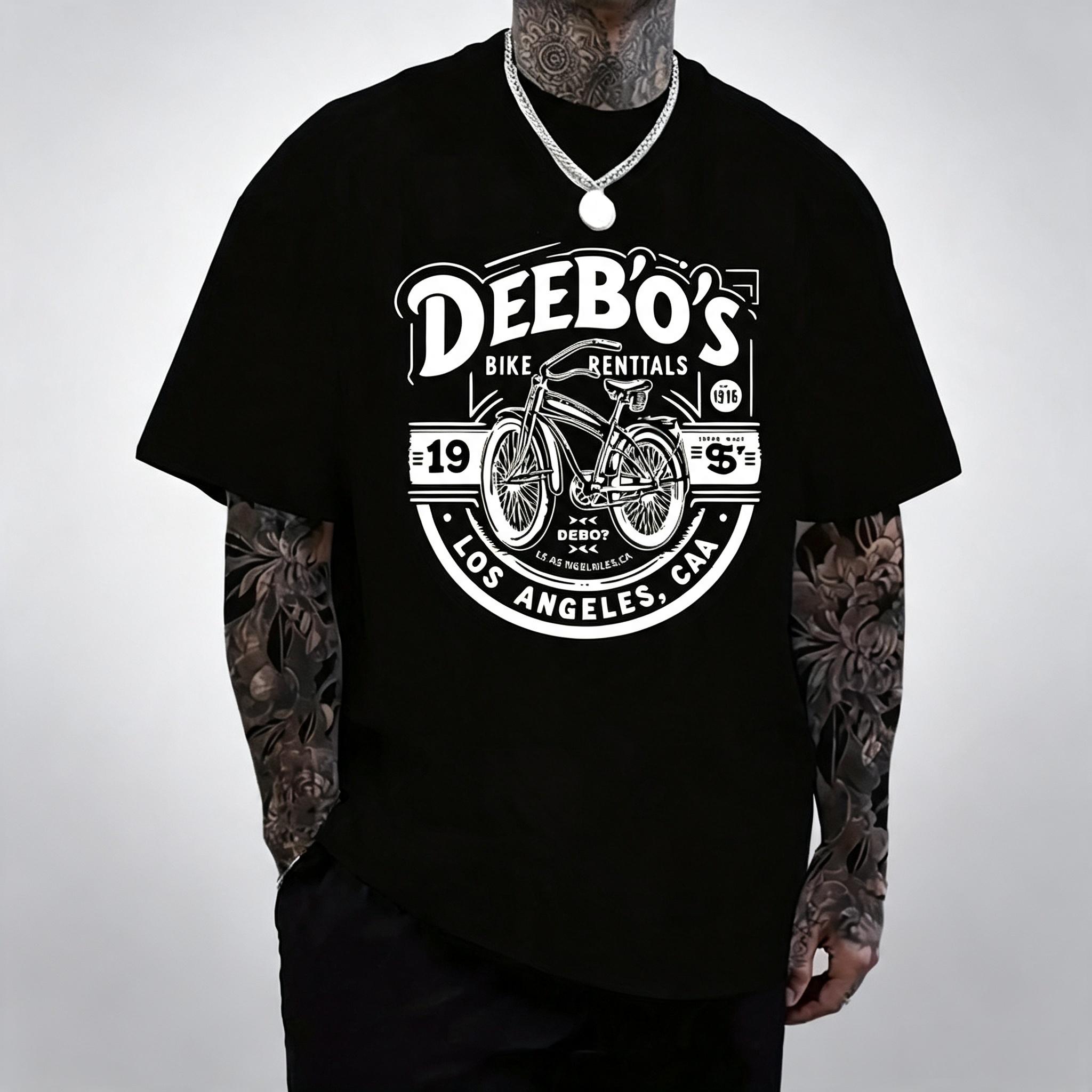 Men's Black Graphic TShirt with Stylish 'DEEBO'S' Bike Rentals Design Unique Summer Casual Tee Featuring Bicycle Illustration and Vintage 19 5 Los Angeles CA Text Ideal for Tattoo Retro Casual Short‑sleeved T‑shirt with a Round Neck