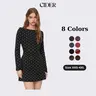 Cider Polka Dot Mini Dress – Flattering Ruched Bodycon Dress with Bell Sleeves， Hides Tummy & Arms， Soft Stretch Cotton for Date Night