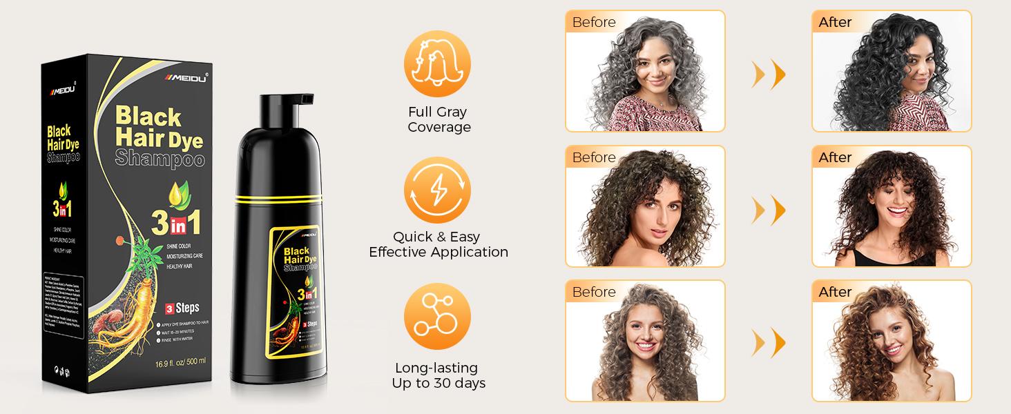 MEIDU Dark Brown Hair Dye Shampoo 3 in 1 - Can cover gray hairs, Herbal Ingredients, Contains Ginseng Extract, Natural Haircoloring