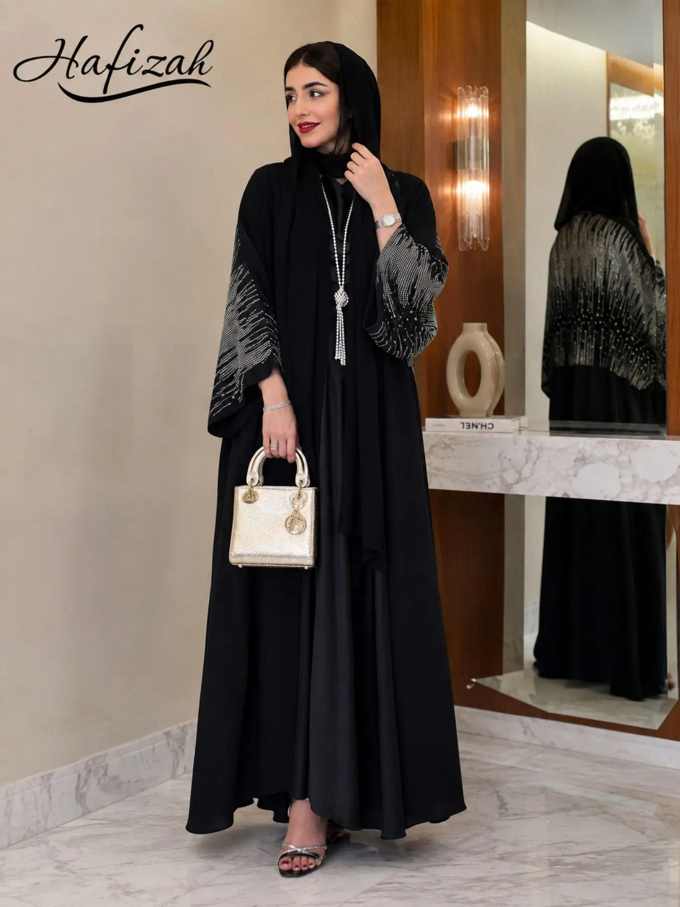 Women's Rhinestone Gradient Islamic Abaya Long Dress with Headscarf, Loose Fit Long Sleeve Muslim Dress, Dubai Style Elegant Ramadan/eid