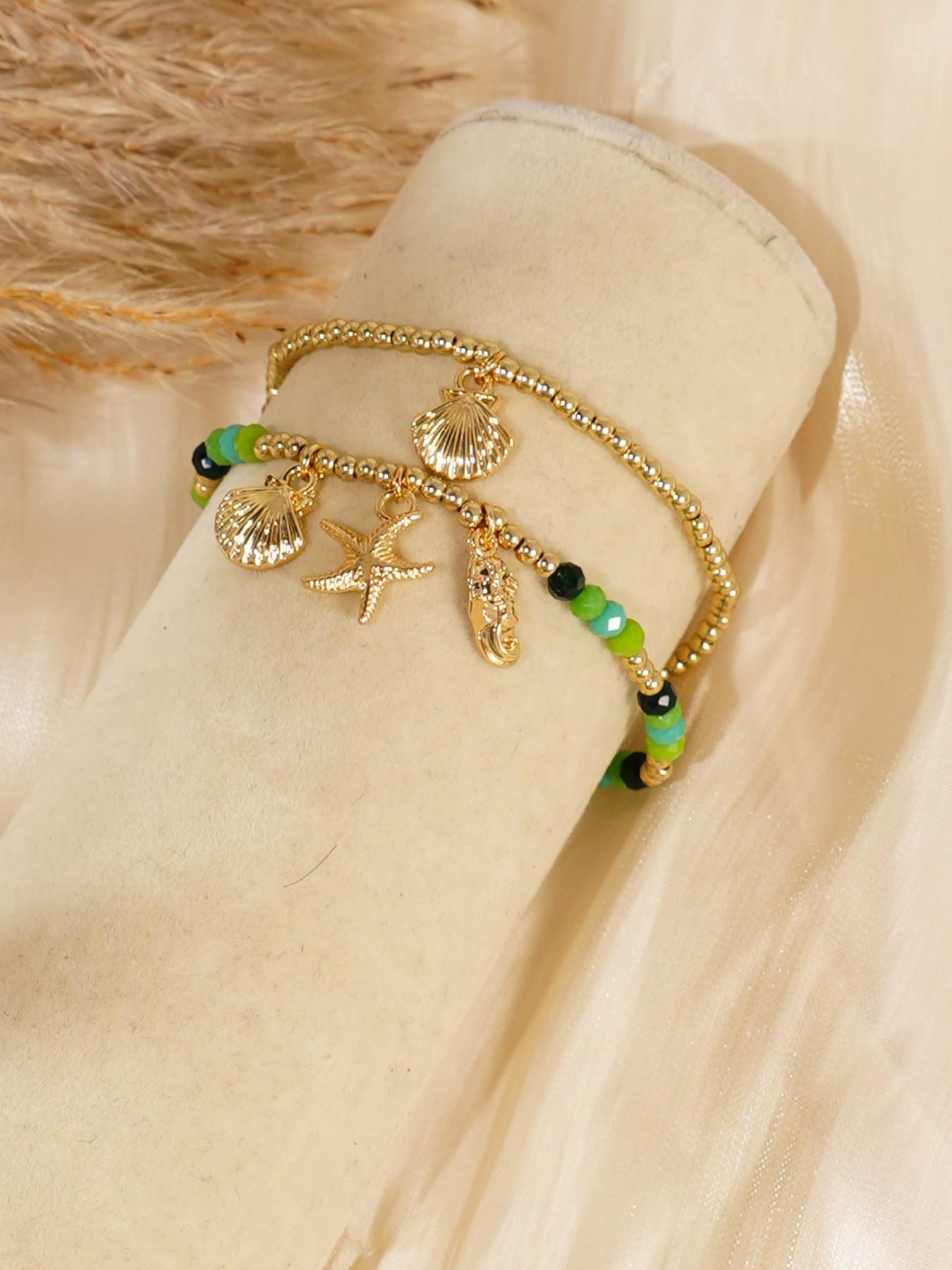 Women Boho Shell Starfish Bracelet Set, Beach Vacation Party Stackable Jewelry, Ccb Material, No Choking Hazard, Ca Prop 65 Compliant