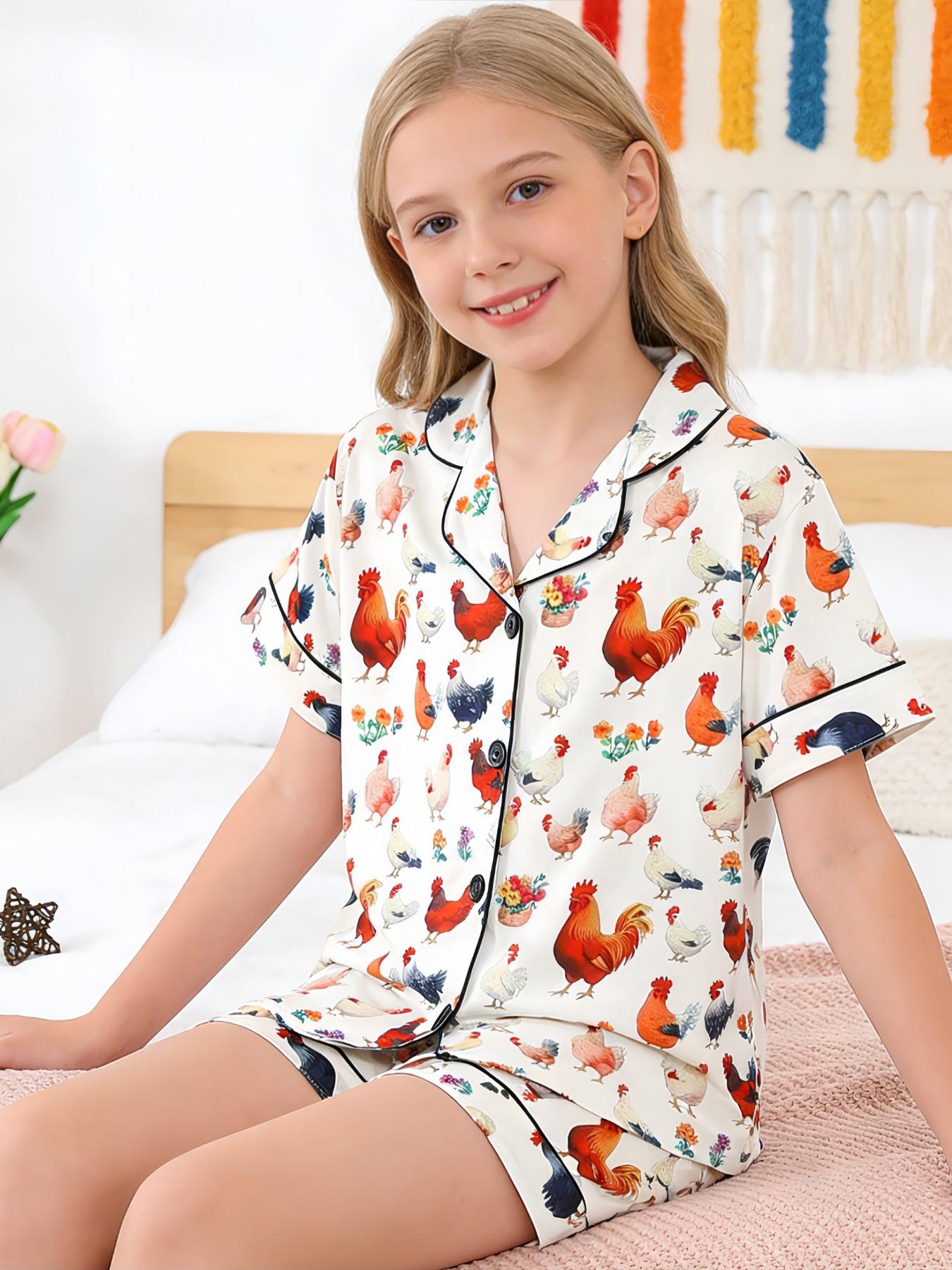 Sleepwear Sets, Cute Rooster Cartoon Pattern, Fashionable Button-Down Design, Short Sleeves & Shorts, All Seasons Wear