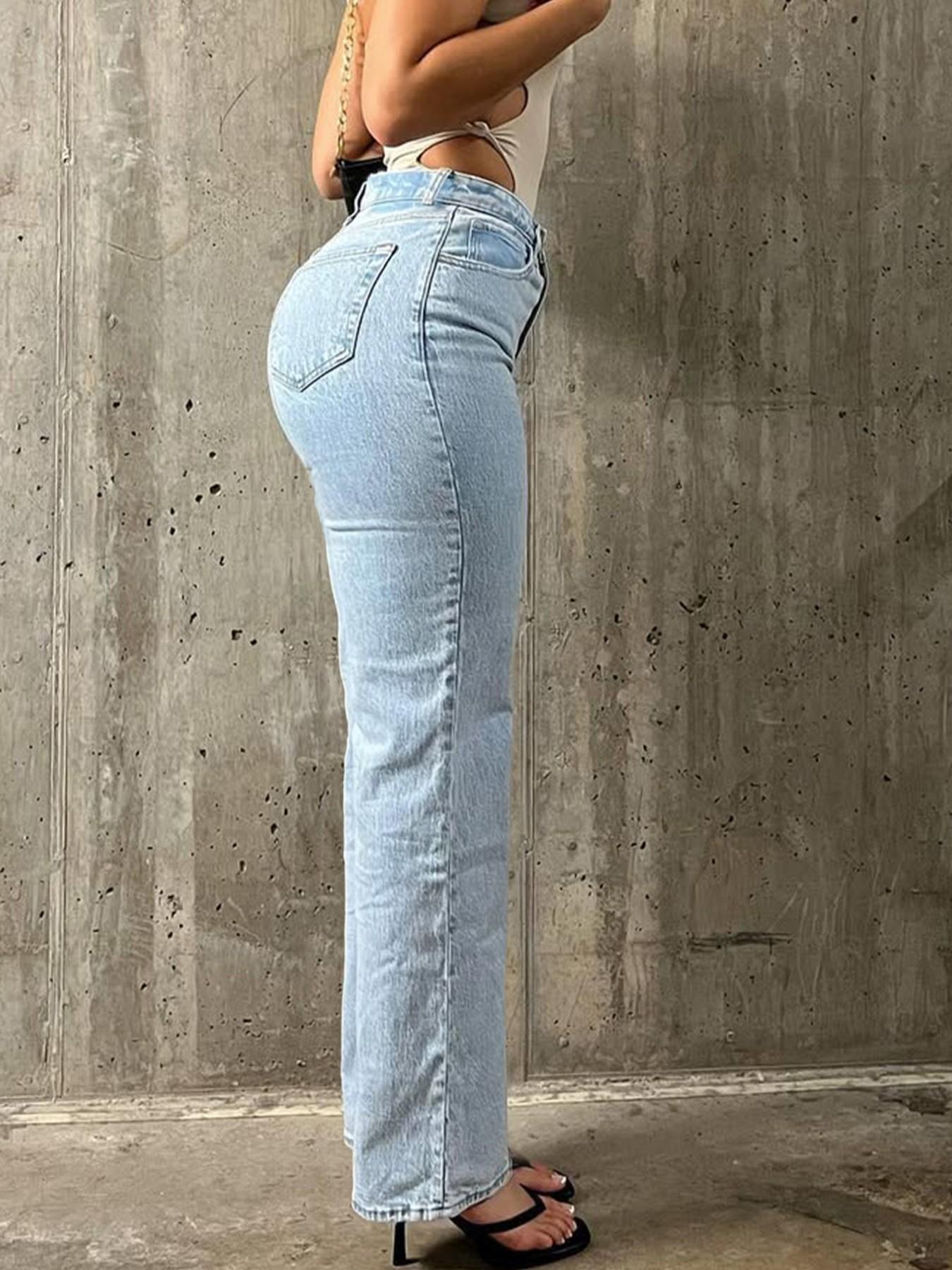 Spring Summer Fashion Casual Fitted Light Blue Denim Straight Leg Pants for Women, Comfortable Elastic Waist Jeans for Daily Wear Womenswear