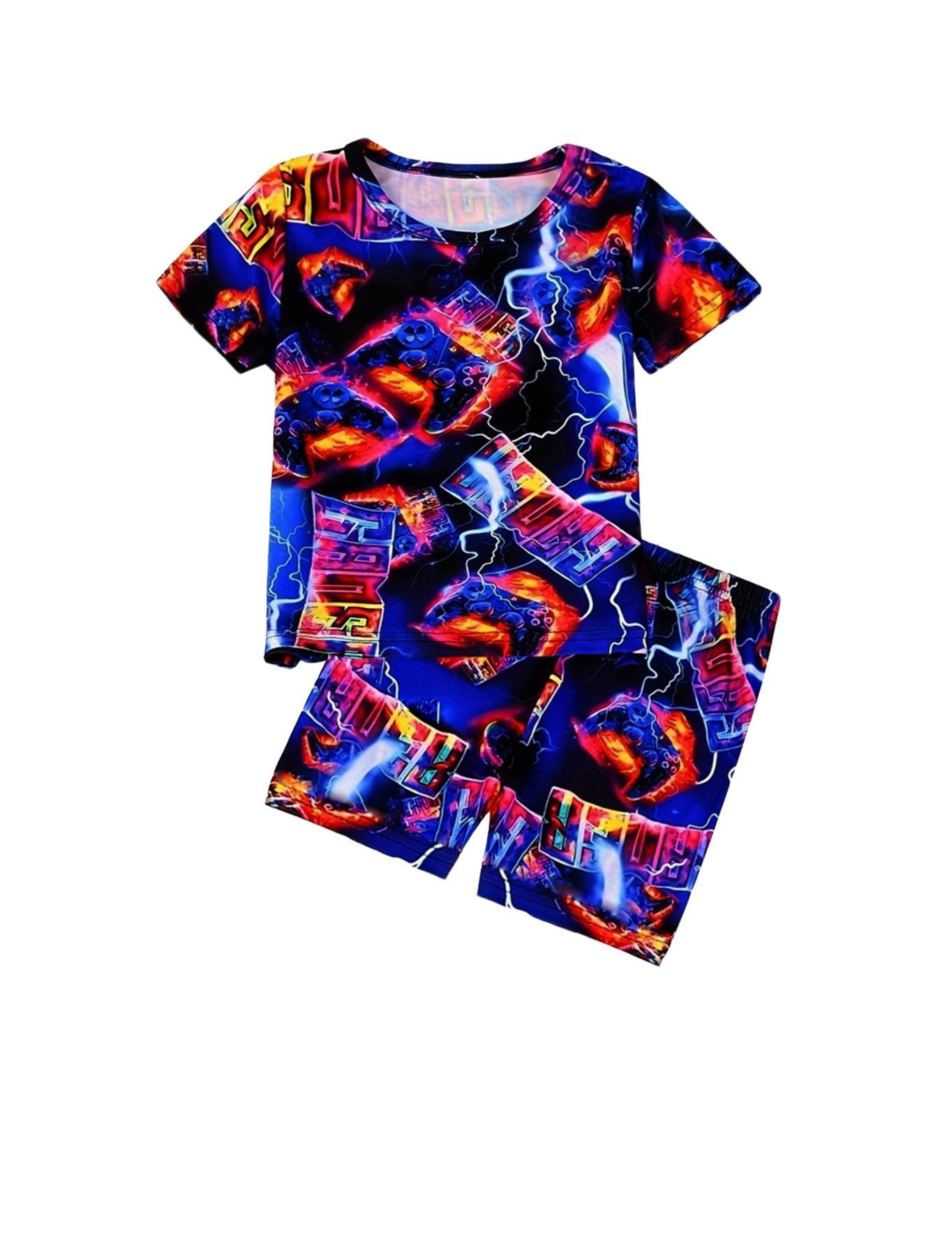 Boy Round Neck Short Sleeve Pajama Set, Cartoon Digital Print, Lightweight Comfortable, Daily Home Wear, 2-Piece Sleepwear