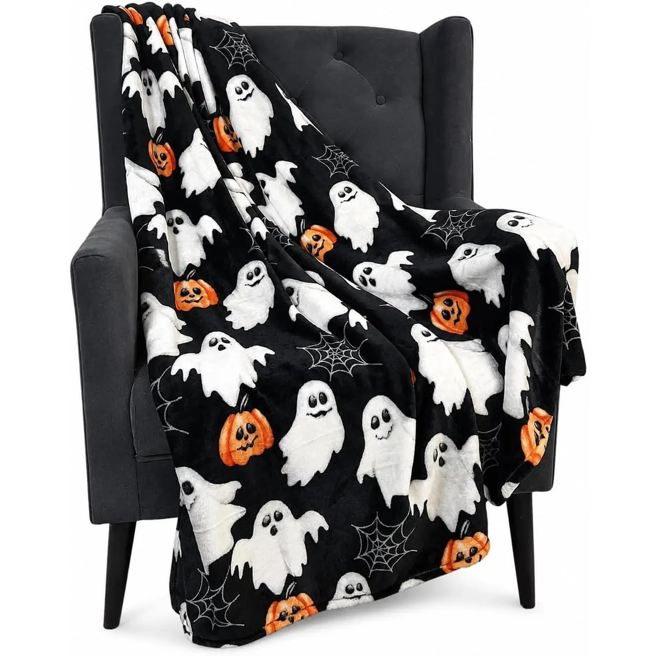Halloween Cute Fleece Throw Blanket, Jack-O-Lanterns, Ghosts & Webs,Ultra-soft cozy flannel fleece, for sofa couch bed chair & dorms, spooky Halloween décor, durable and machine washable.